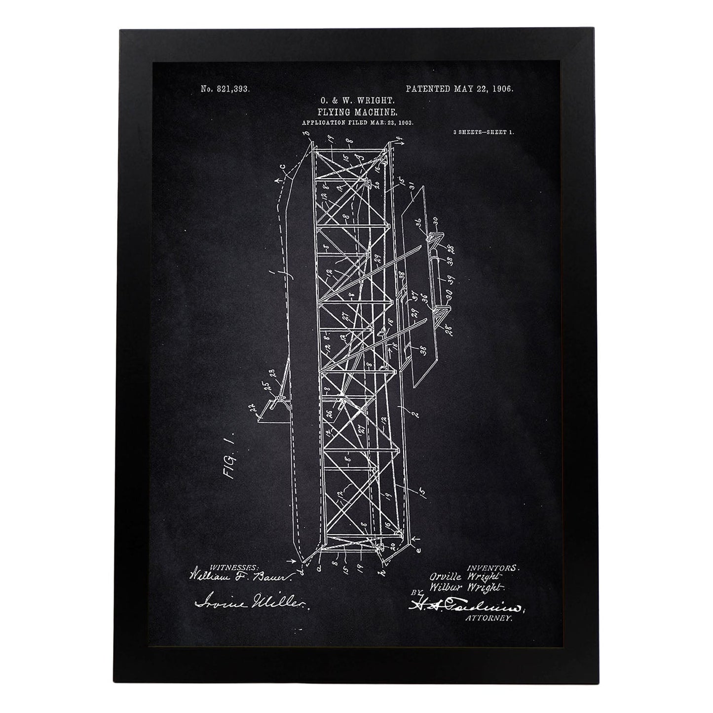 Poster con patente de Maquina voladora 4. Lámina con diseño de patente antigua-Artwork-Nacnic-A4-Marco Negro-Nacnic Estudio SL