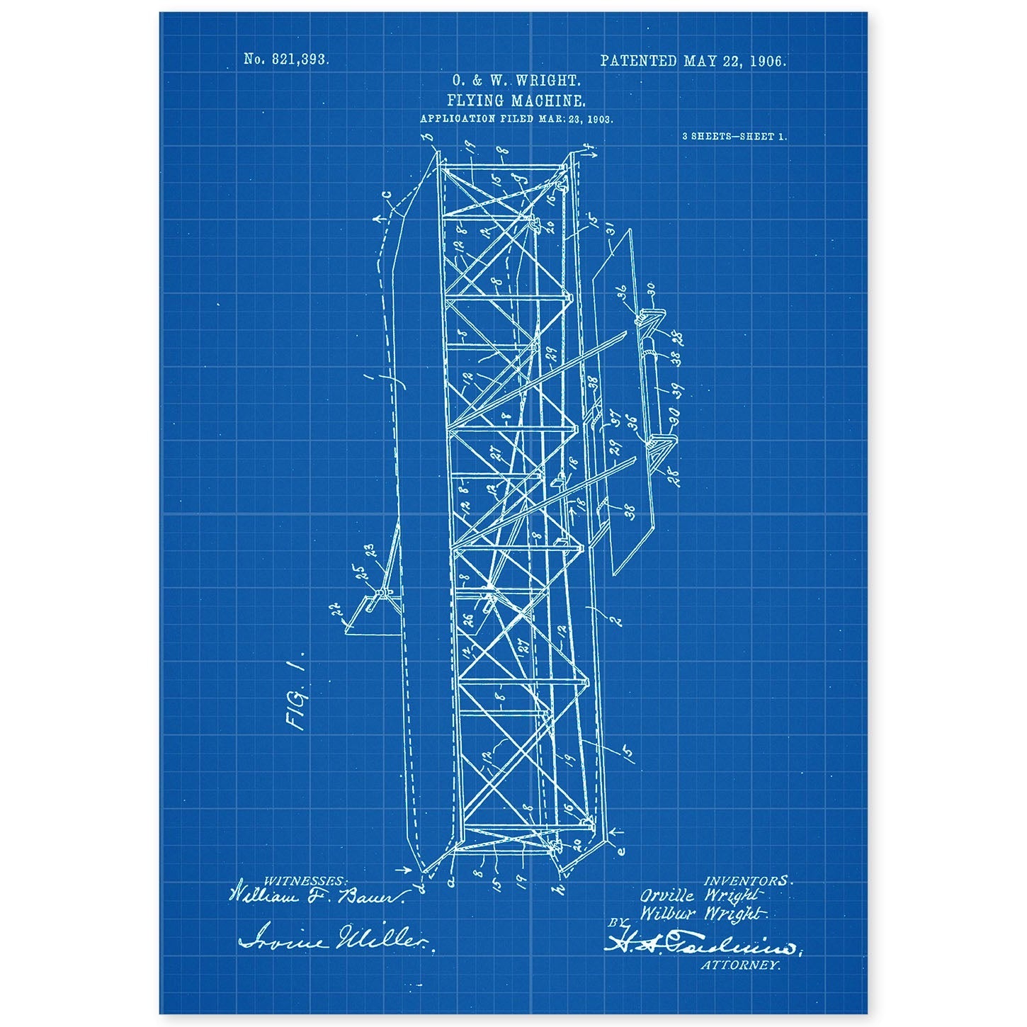 Poster con patente de Maquina voladora 4. Lámina con diseño de patente antigua-Artwork-Nacnic-A4-Sin marco-Nacnic Estudio SL