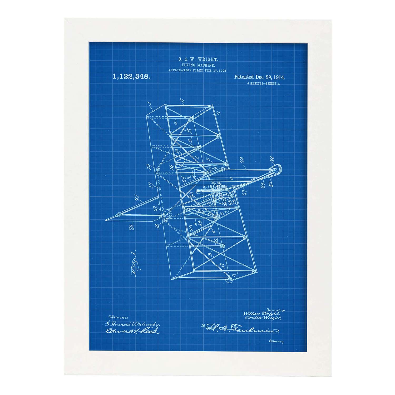 Poster con patente de Maquina voladora. Lámina con diseño de patente antigua-Artwork-Nacnic-A3-Marco Blanco-Nacnic Estudio SL