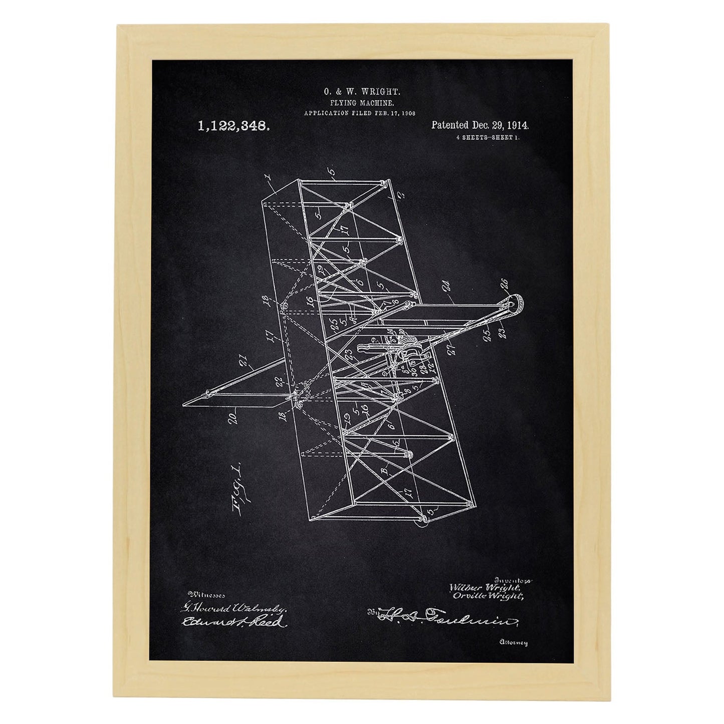 Poster con patente de Maquina voladora. Lámina con diseño de patente antigua-Artwork-Nacnic-A3-Marco Madera clara-Nacnic Estudio SL