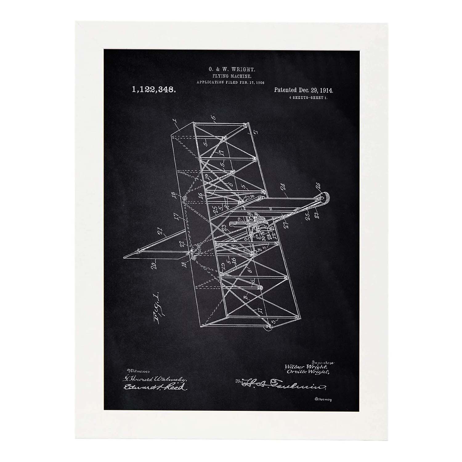 Poster con patente de Maquina voladora. Lámina con diseño de patente antigua-Artwork-Nacnic-A4-Marco Blanco-Nacnic Estudio SL