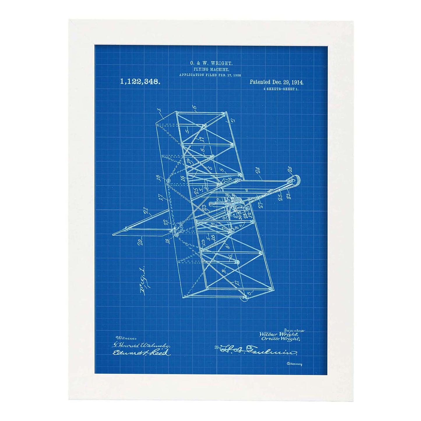 Poster con patente de Maquina voladora. Lámina con diseño de patente antigua-Artwork-Nacnic-A4-Marco Blanco-Nacnic Estudio SL