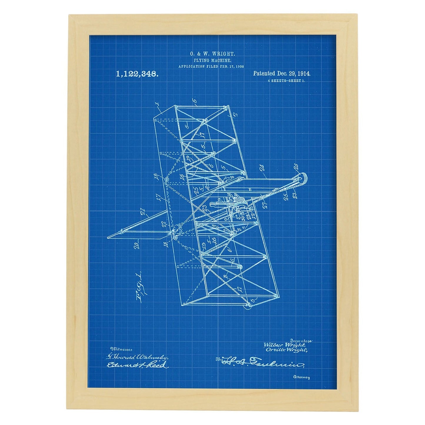 Poster con patente de Maquina voladora. Lámina con diseño de patente antigua-Artwork-Nacnic-A4-Marco Madera clara-Nacnic Estudio SL