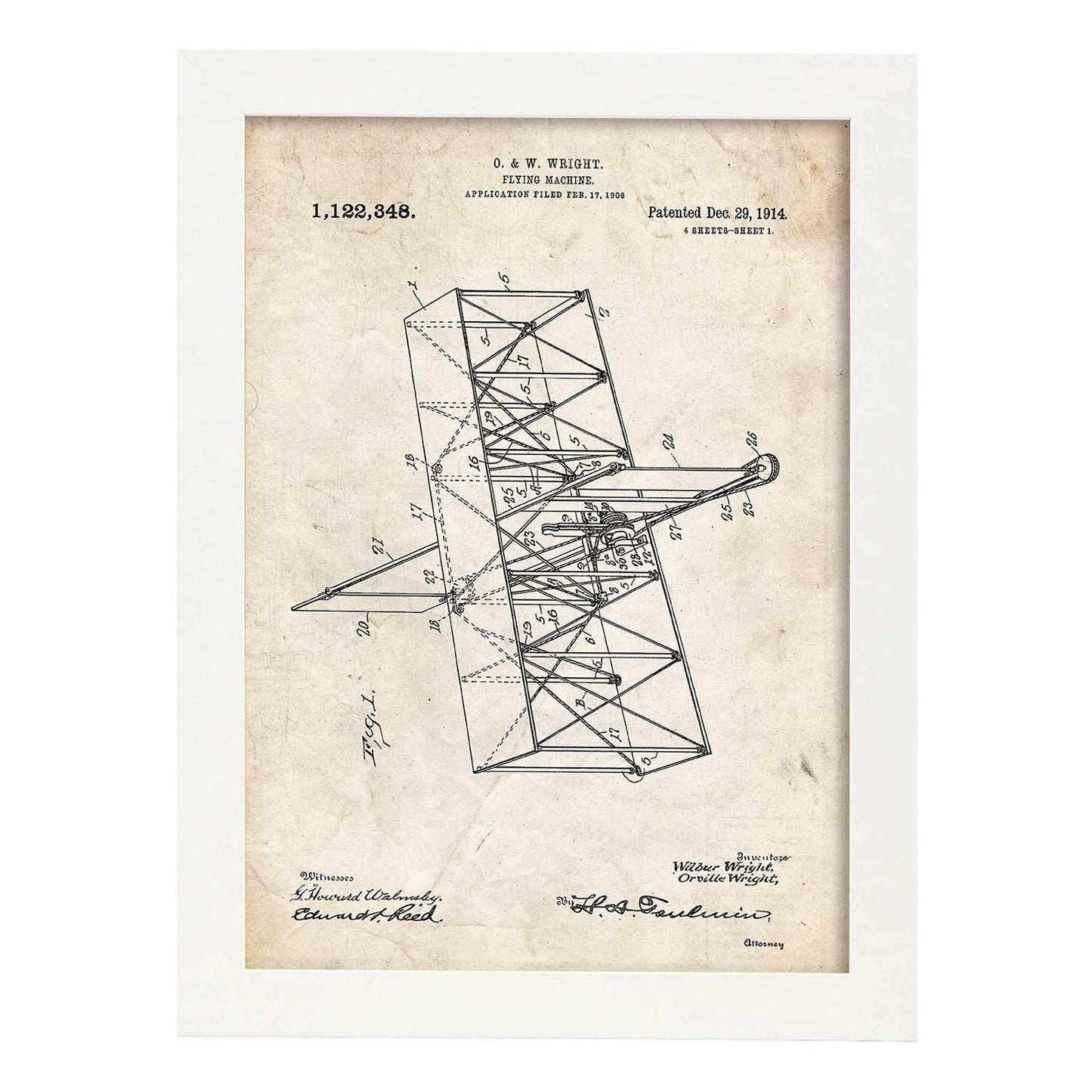 Poster con patente de Maquina voladora. Lámina con diseño de patente antigua.-Artwork-Nacnic-A3-Marco Blanco-Nacnic Estudio SL