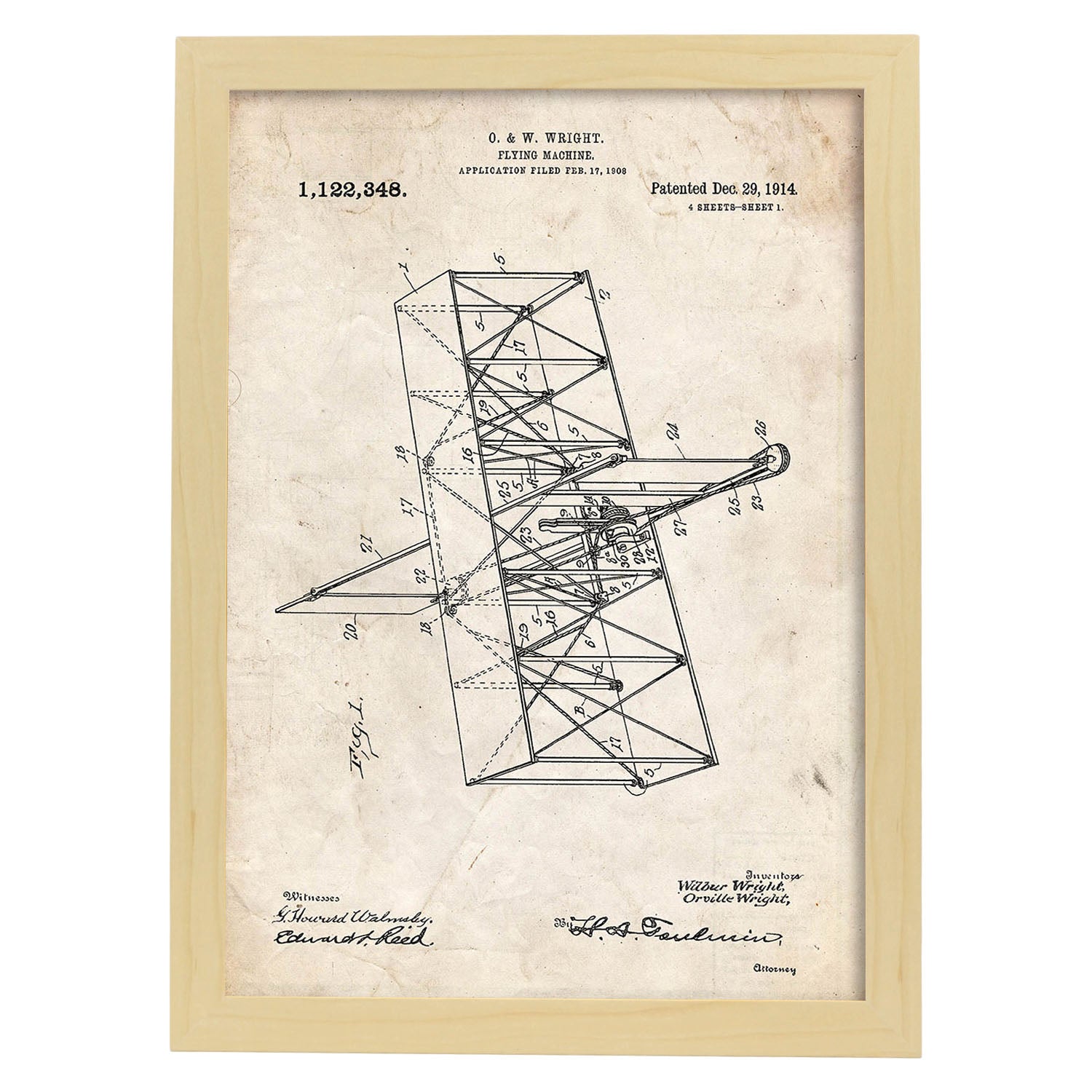Poster con patente de Maquina voladora. Lámina con diseño de patente antigua.-Artwork-Nacnic-A3-Marco Madera clara-Nacnic Estudio SL