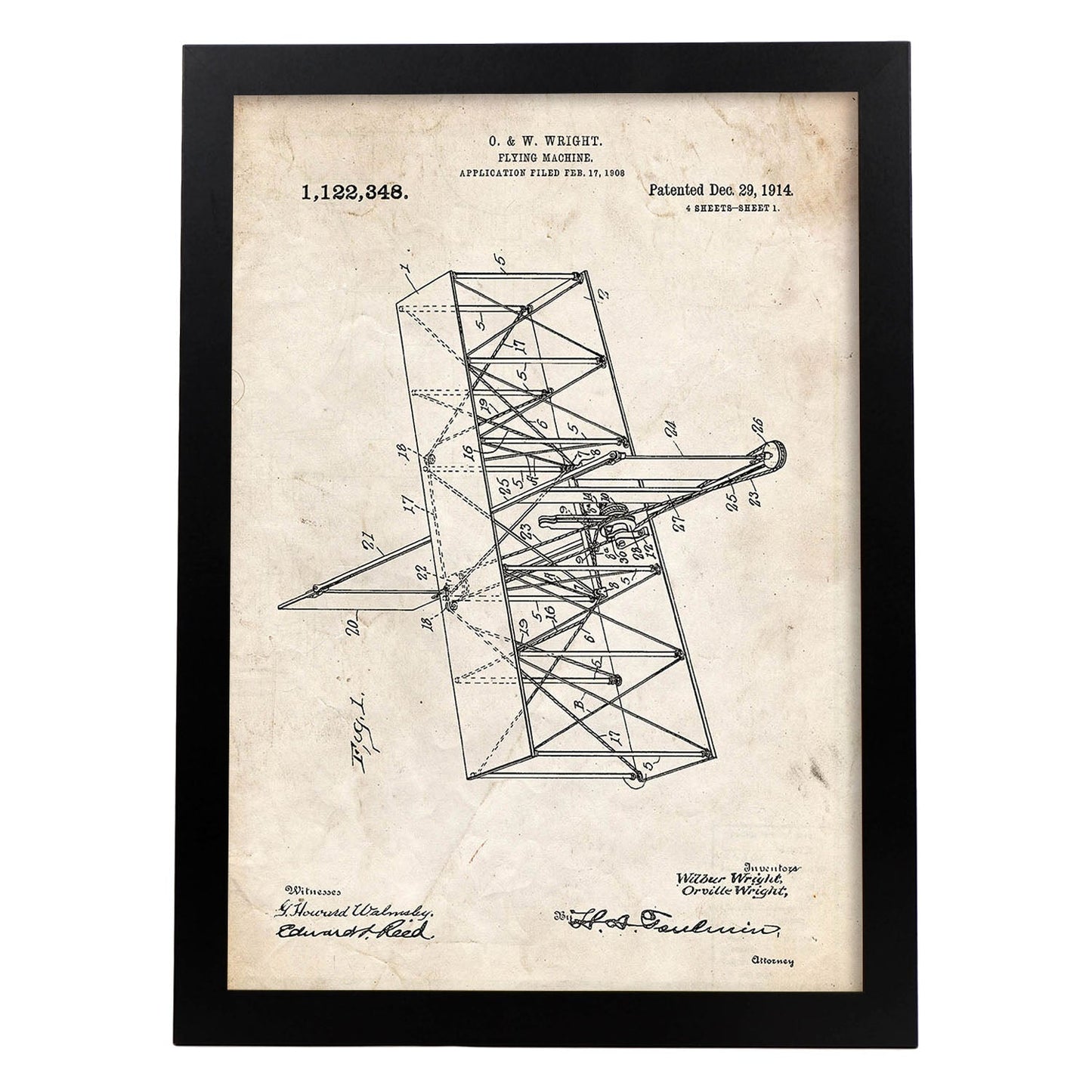 Poster con patente de Maquina voladora. Lámina con diseño de patente antigua.-Artwork-Nacnic-A3-Marco Negro-Nacnic Estudio SL