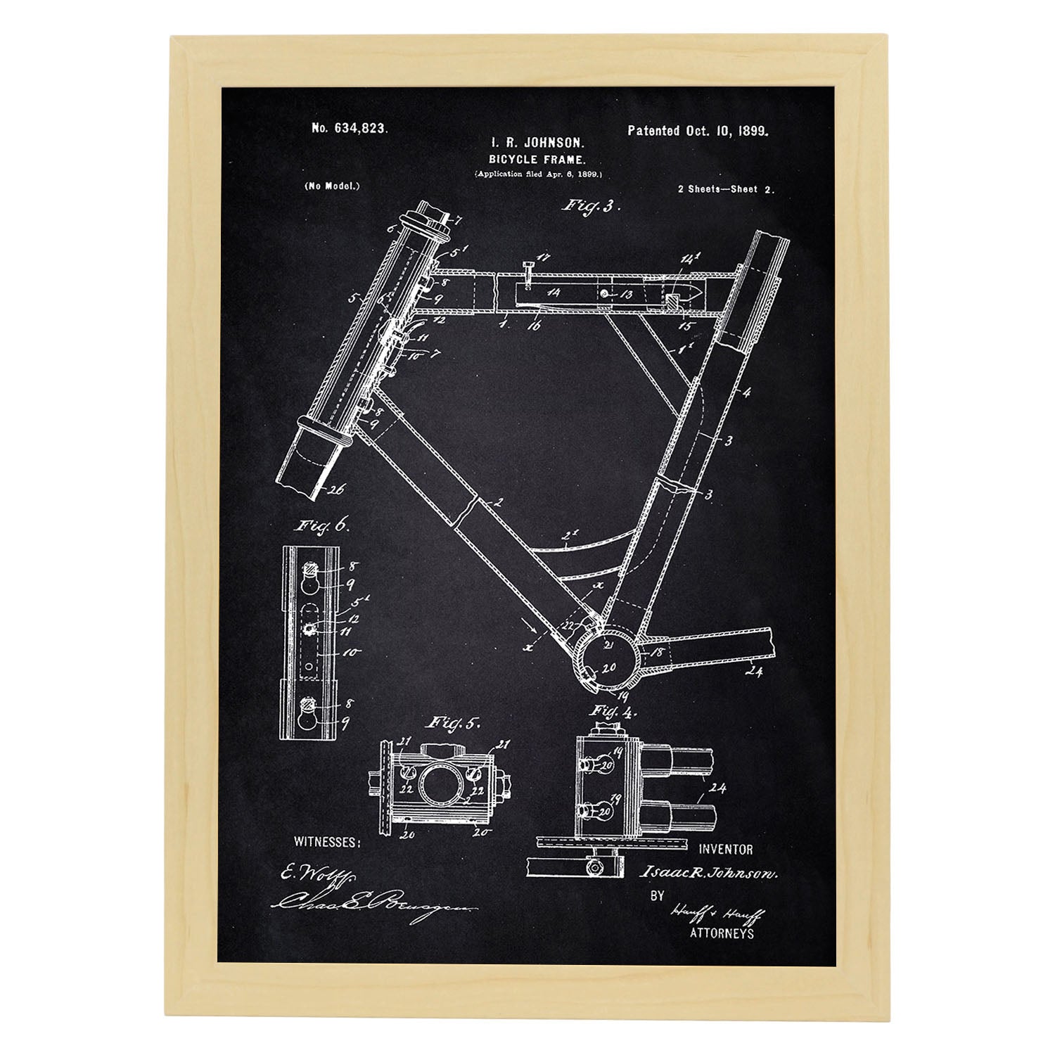 Poster con patente de Marco de bicicleta 2. Lámina con diseño de patente antigua-Artwork-Nacnic-A3-Marco Madera clara-Nacnic Estudio SL