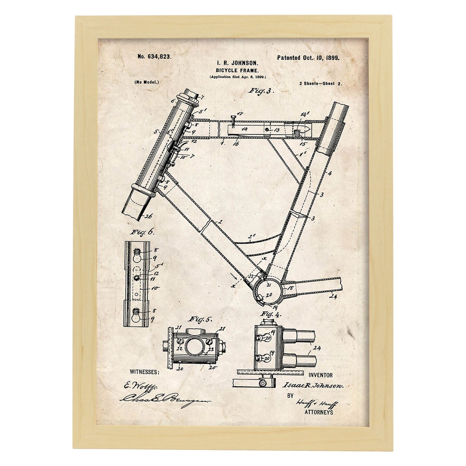 Poster con patente de Marco de bicicleta 2. Lámina con diseño de patente antigua.-Artwork-Nacnic-A3-Marco Madera clara-Nacnic Estudio SL