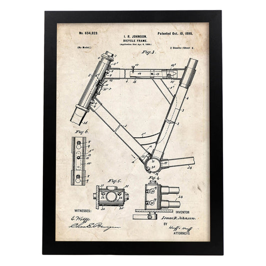 Poster con patente de Marco de bicicleta 2. Lámina con diseño de patente antigua.-Artwork-Nacnic-A4-Marco Negro-Nacnic Estudio SL