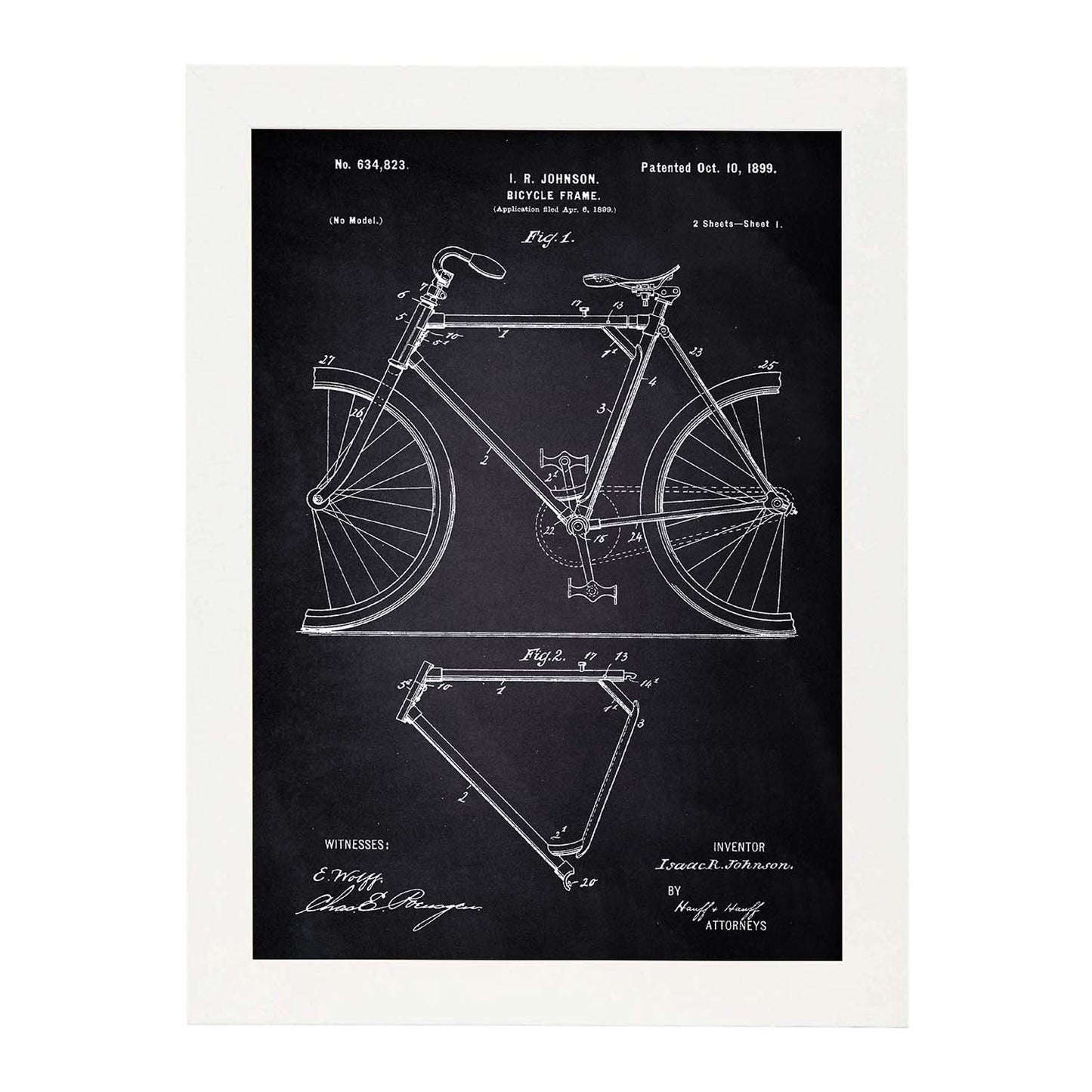Poster con patente de Marco de bicicleta. Lámina con diseño de patente antigua-Artwork-Nacnic-A3-Marco Blanco-Nacnic Estudio SL