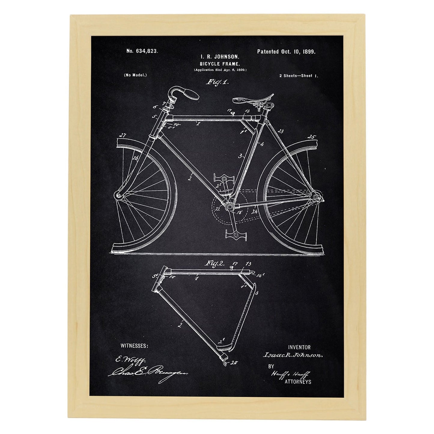 Poster con patente de Marco de bicicleta. Lámina con diseño de patente antigua-Artwork-Nacnic-A3-Marco Madera clara-Nacnic Estudio SL