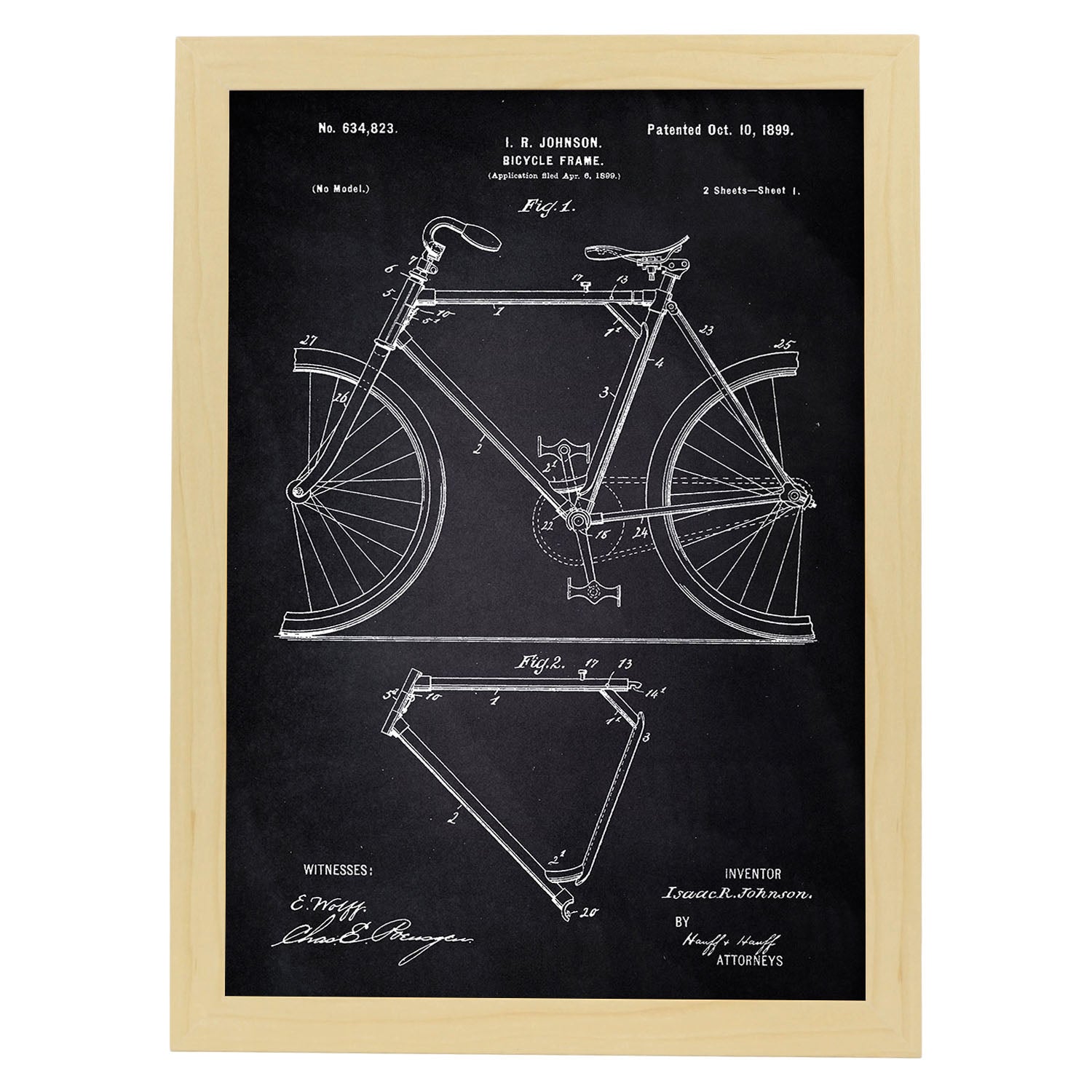 Poster con patente de Marco de bicicleta. Lámina con diseño de patente antigua-Artwork-Nacnic-A4-Marco Madera clara-Nacnic Estudio SL
