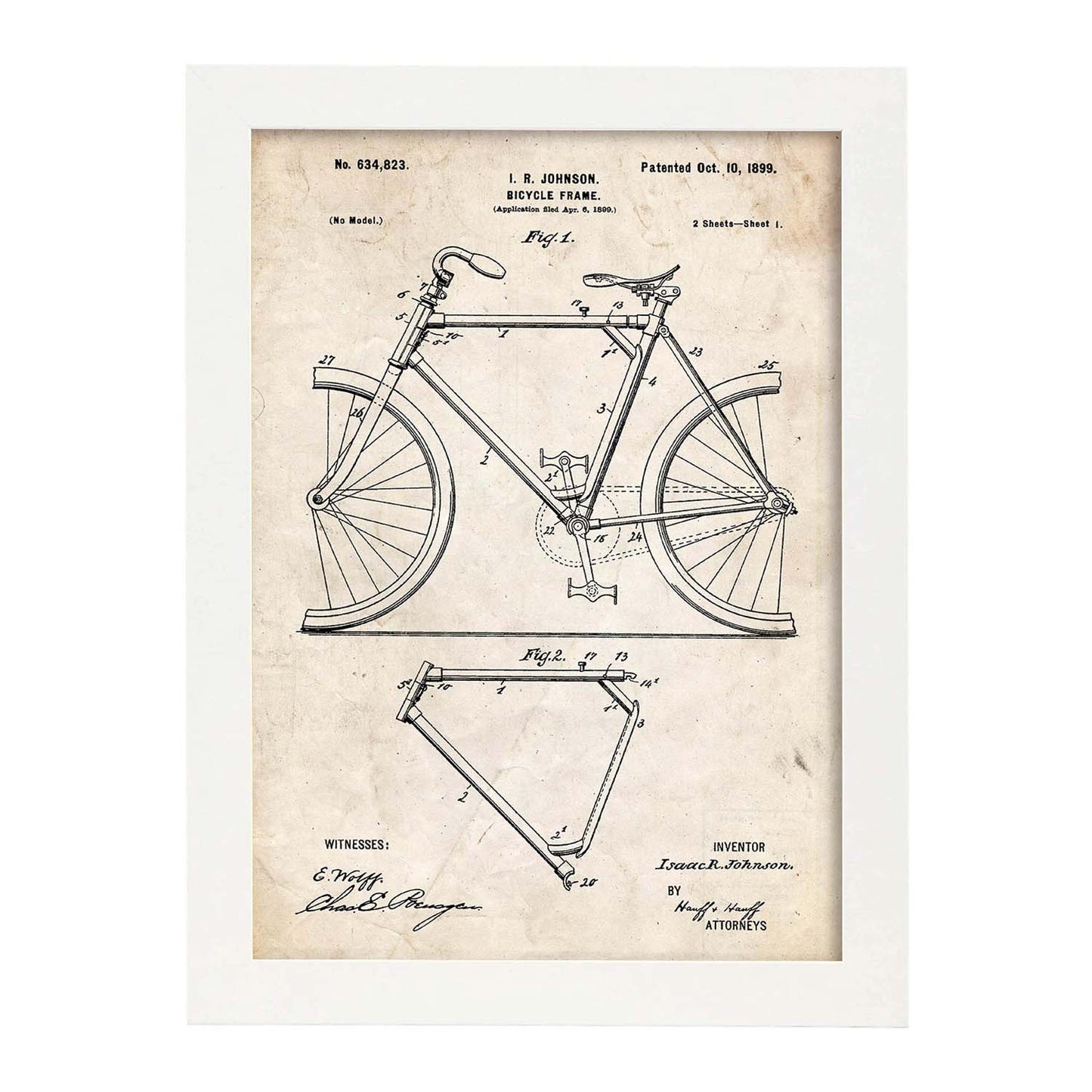 Poster con patente de Marco de bicicleta. Lámina con diseño de patente antigua.-Artwork-Nacnic-A3-Marco Blanco-Nacnic Estudio SL