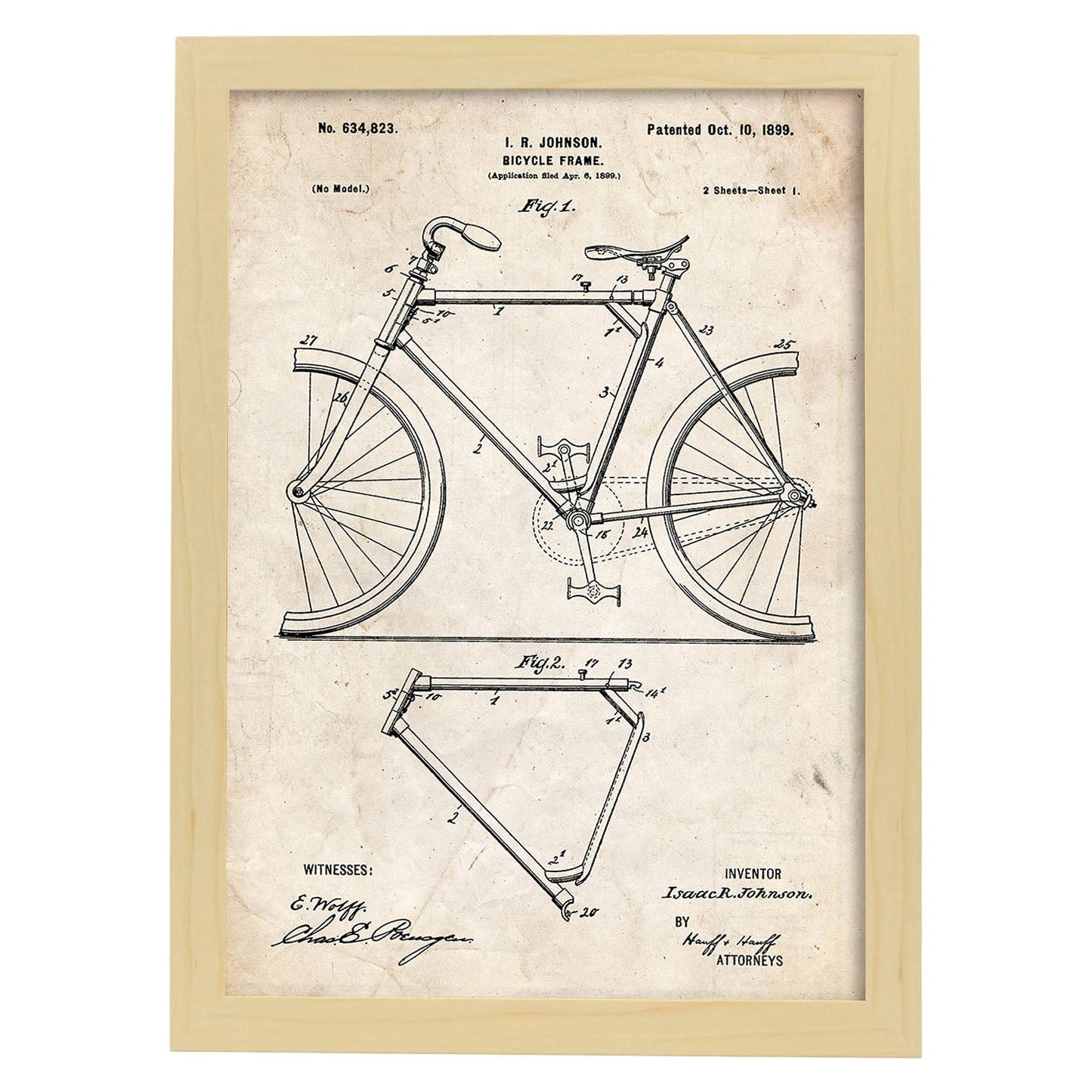 Poster con patente de Marco de bicicleta. Lámina con diseño de patente antigua.-Artwork-Nacnic-A3-Marco Madera clara-Nacnic Estudio SL