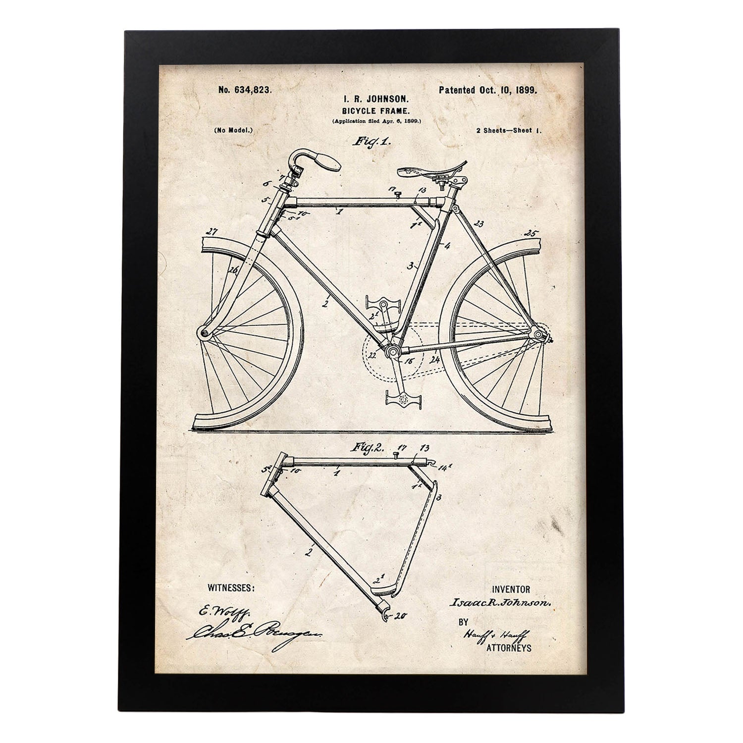 Poster con patente de Marco de bicicleta. Lámina con diseño de patente antigua.-Artwork-Nacnic-A3-Marco Negro-Nacnic Estudio SL