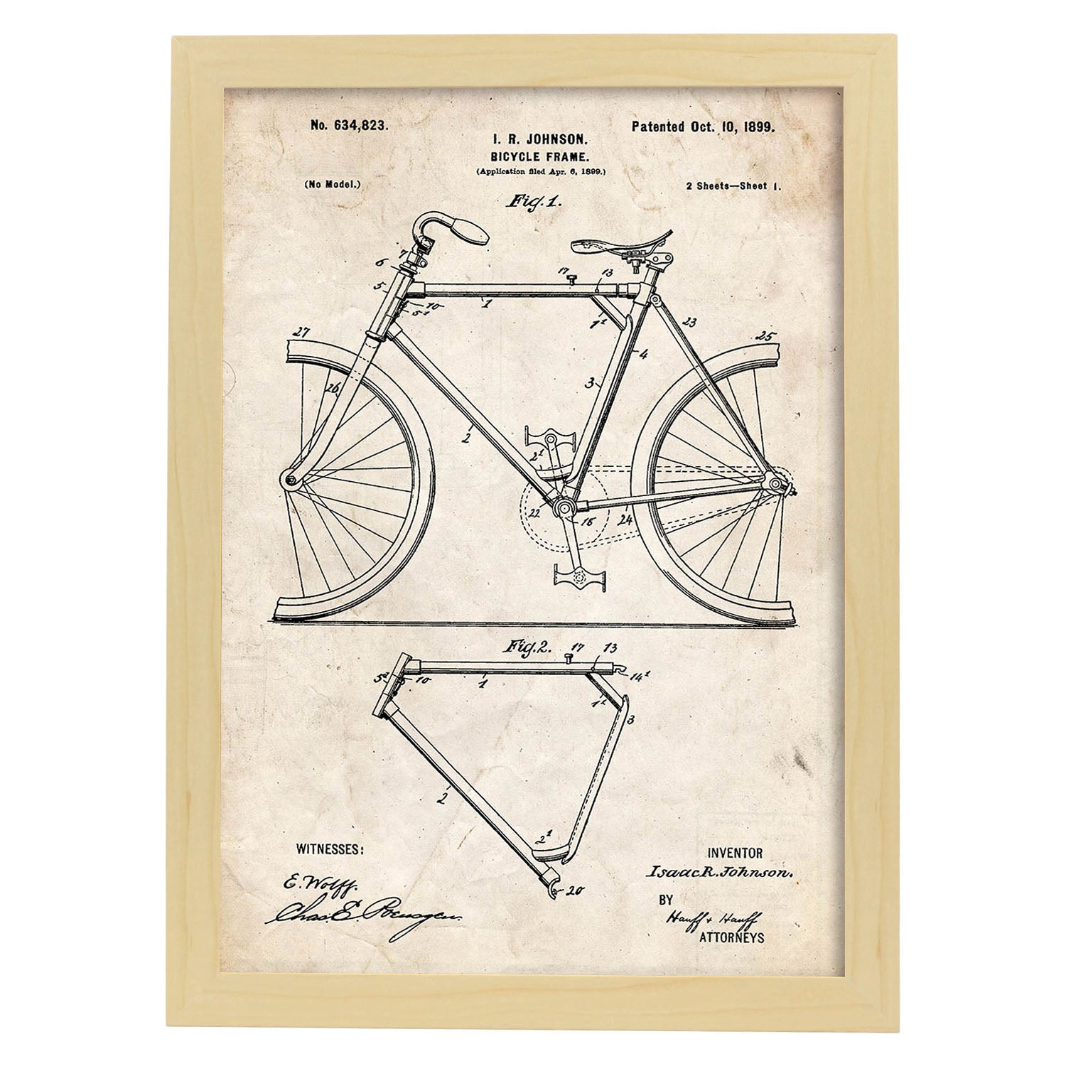 Poster con patente de Marco de bicicleta. Lámina con diseño de patente antigua.-Artwork-Nacnic-A4-Marco Madera clara-Nacnic Estudio SL