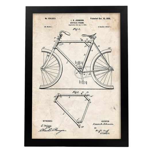 Poster con patente de Marco de bicicleta. Lámina con diseño de patente antigua.-Artwork-Nacnic-A4-Marco Negro-Nacnic Estudio SL