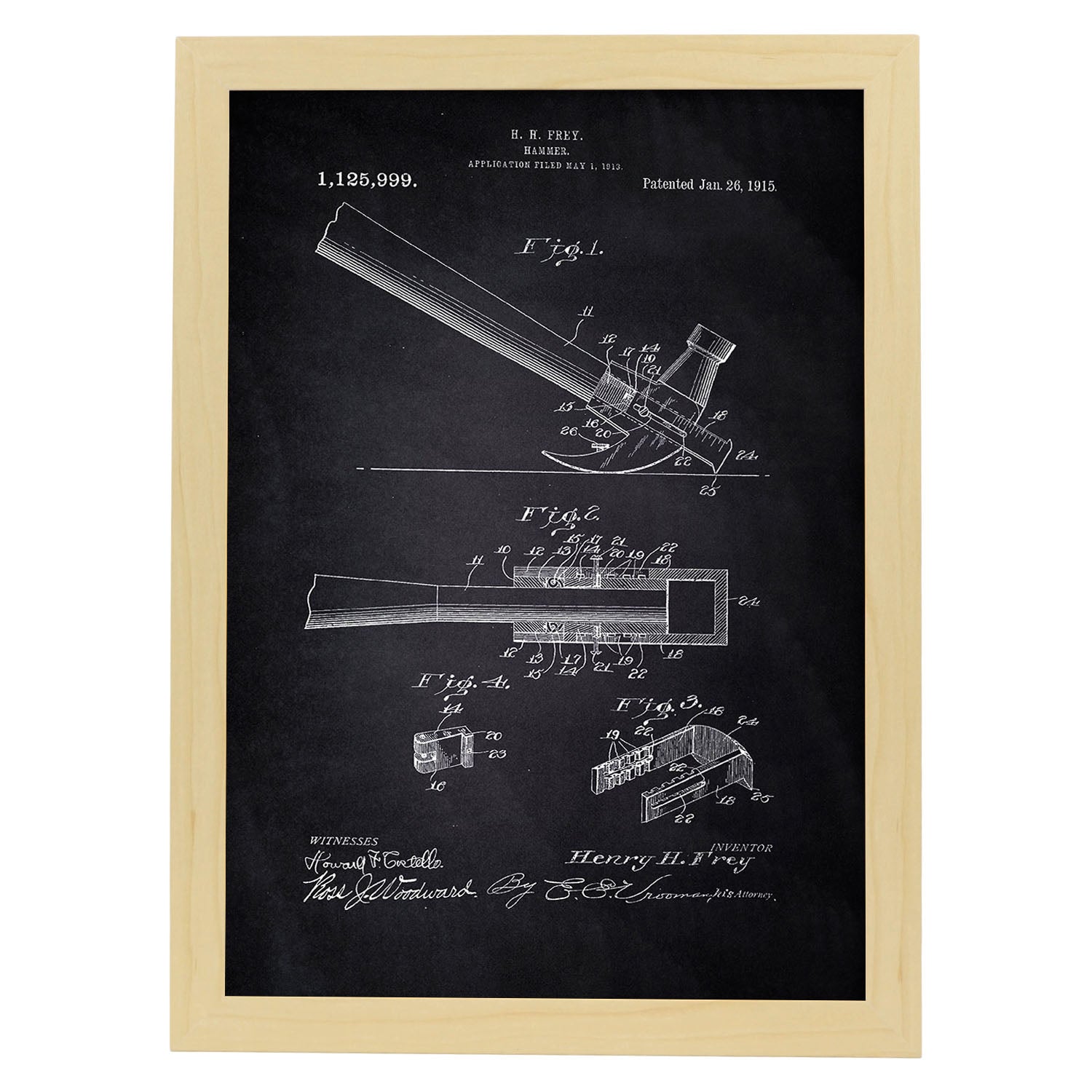 Poster con patente de Martillo 2. Lámina con diseño de patente antigua-Artwork-Nacnic-A3-Marco Madera clara-Nacnic Estudio SL