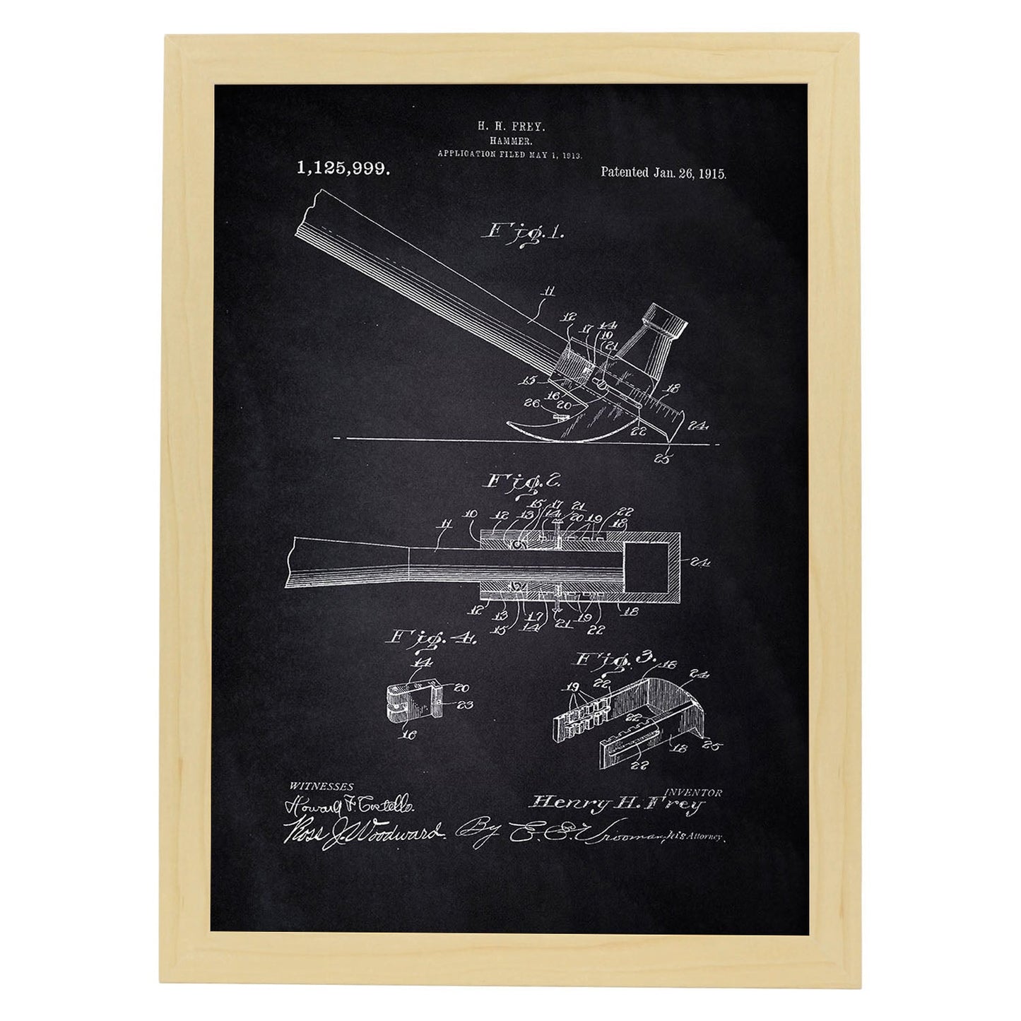 Poster con patente de Martillo 2. Lámina con diseño de patente antigua-Artwork-Nacnic-A4-Marco Madera clara-Nacnic Estudio SL