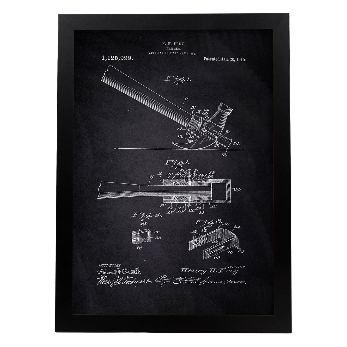 Poster con patente de Martillo 2. Lámina con diseño de patente antigua-Artwork-Nacnic-A4-Marco Negro-Nacnic Estudio SL