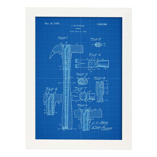 Poster con patente de Martillo. Lámina con diseño de patente antigua-Artwork-Nacnic-A4-Marco Blanco-Nacnic Estudio SL