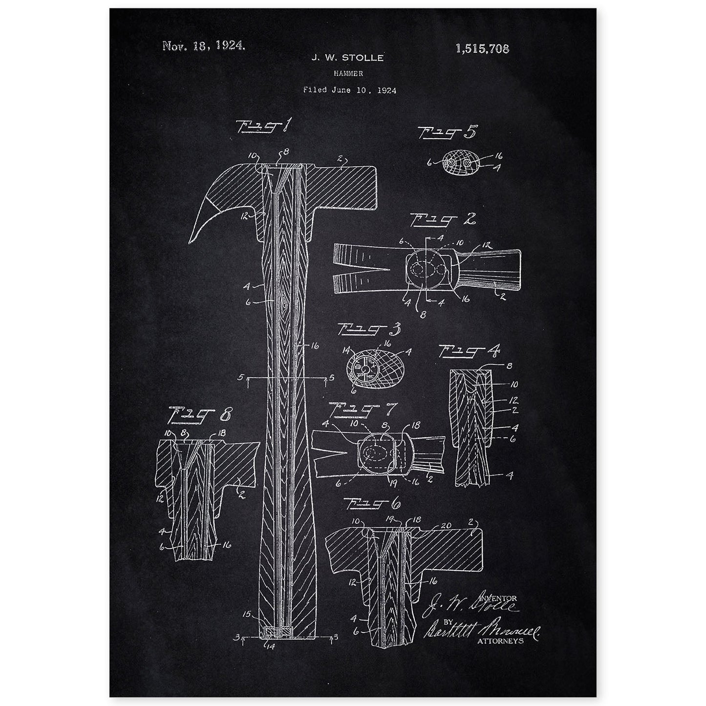 Poster con patente de Martillo. Lámina con diseño de patente antigua-Artwork-Nacnic-A4-Sin marco-Nacnic Estudio SL