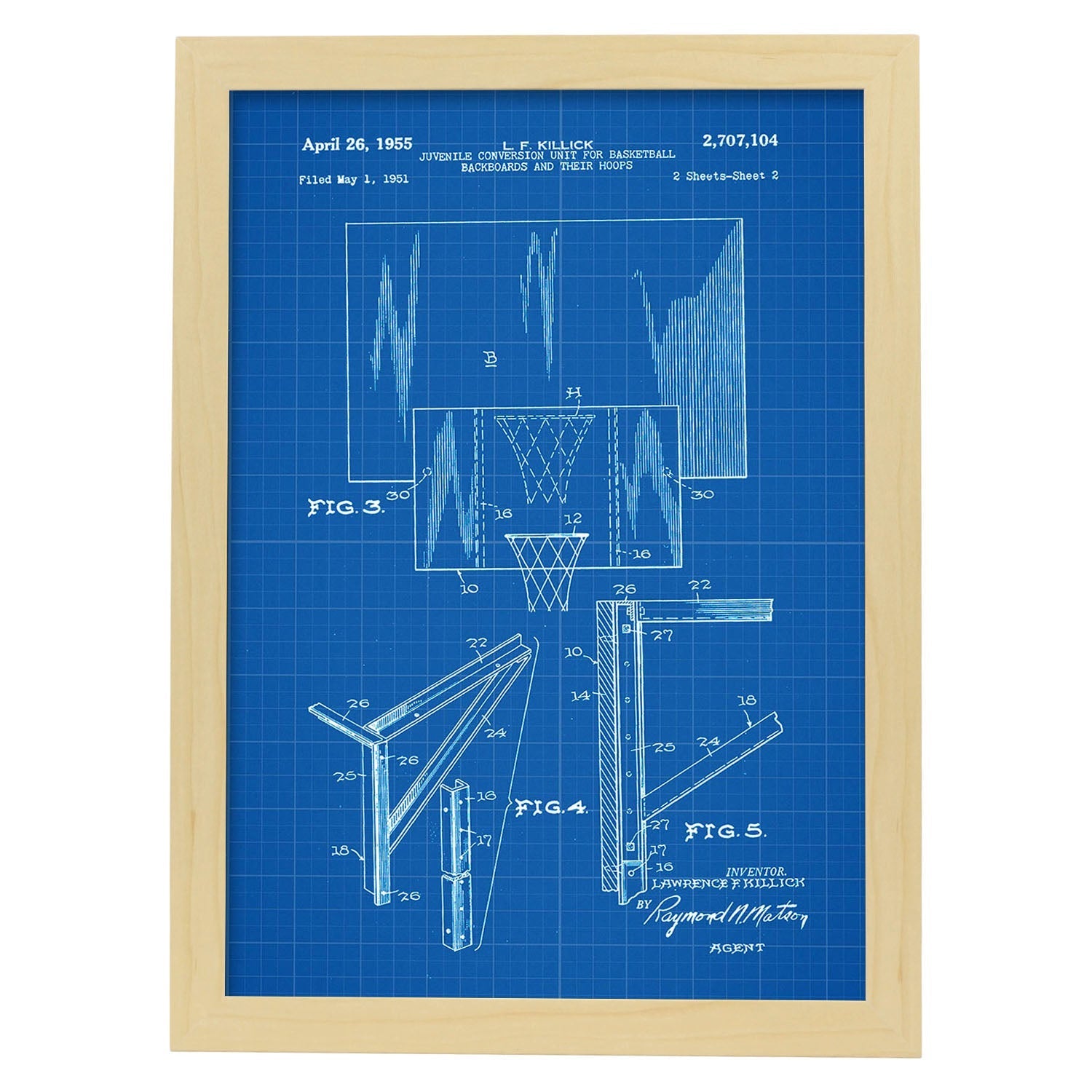 Poster con patente de Mecanismo canasta. Lámina con diseño de patente antigua-Artwork-Nacnic-A3-Marco Madera clara-Nacnic Estudio SL