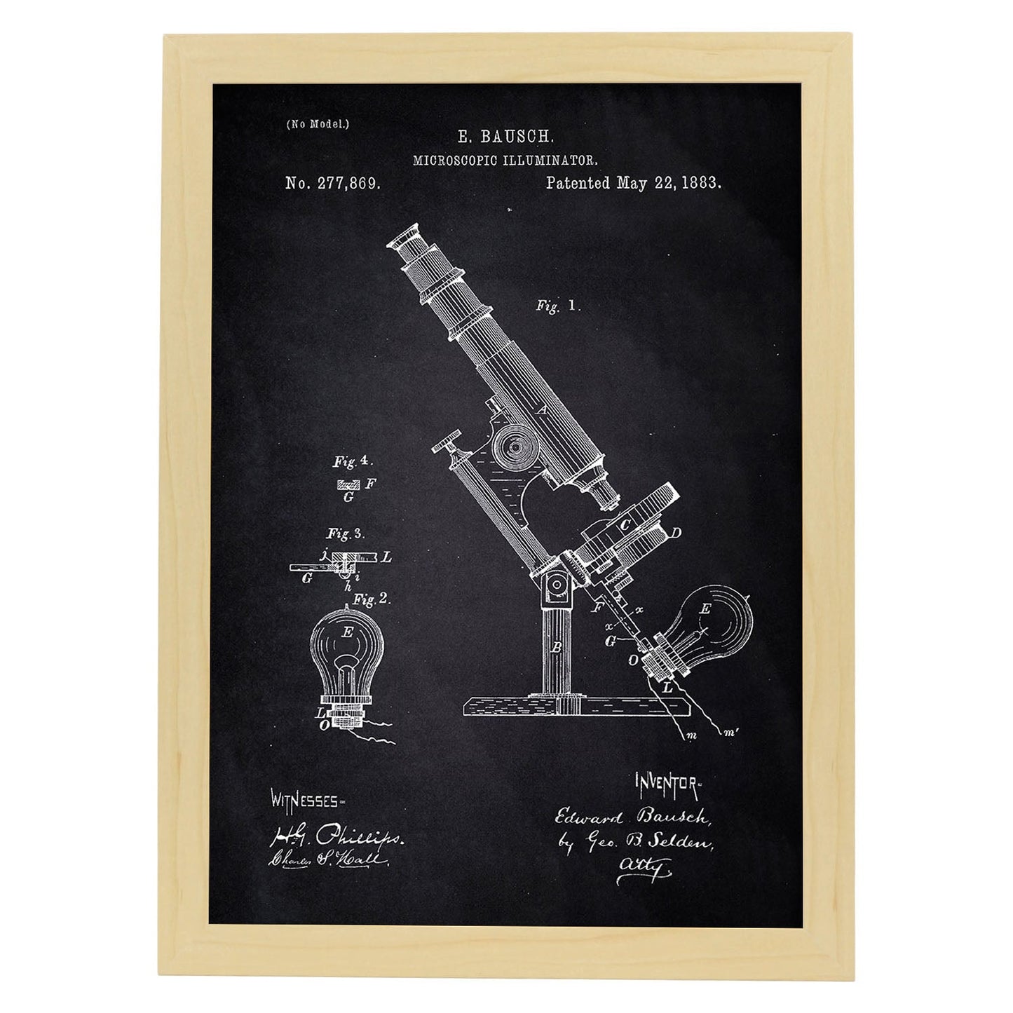 Poster con patente de Microscopio con luz. Lámina con diseño de patente antigua-Artwork-Nacnic-A3-Marco Madera clara-Nacnic Estudio SL