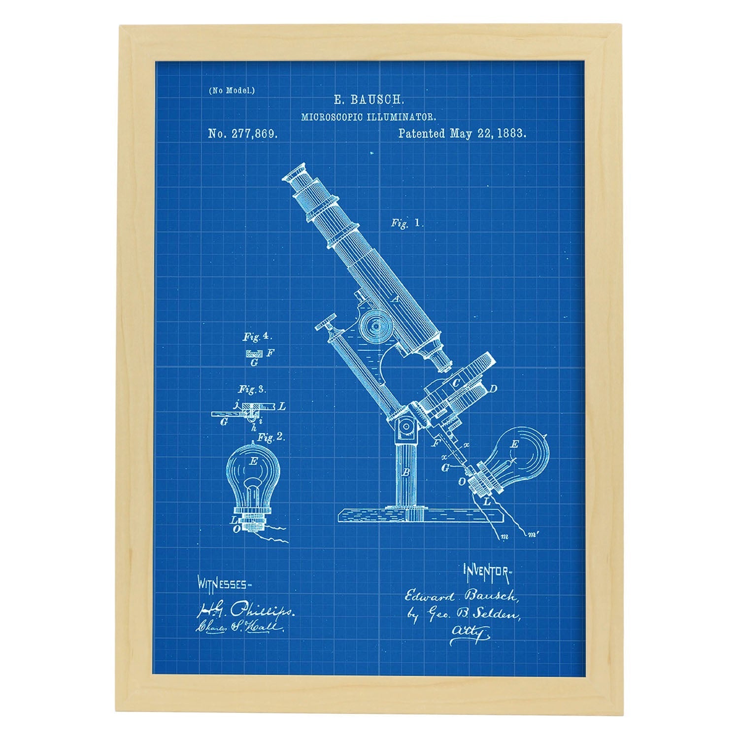 Poster con patente de Microscopio con luz. Lámina con diseño de patente antigua-Artwork-Nacnic-A3-Marco Madera clara-Nacnic Estudio SL