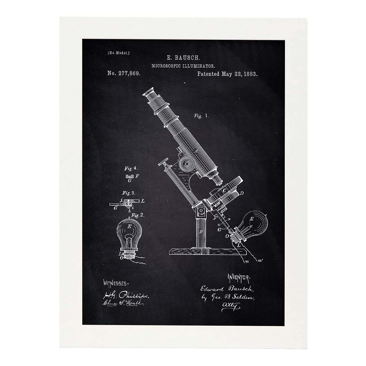 Poster con patente de Microscopio con luz. Lámina con diseño de patente antigua-Artwork-Nacnic-A4-Marco Blanco-Nacnic Estudio SL