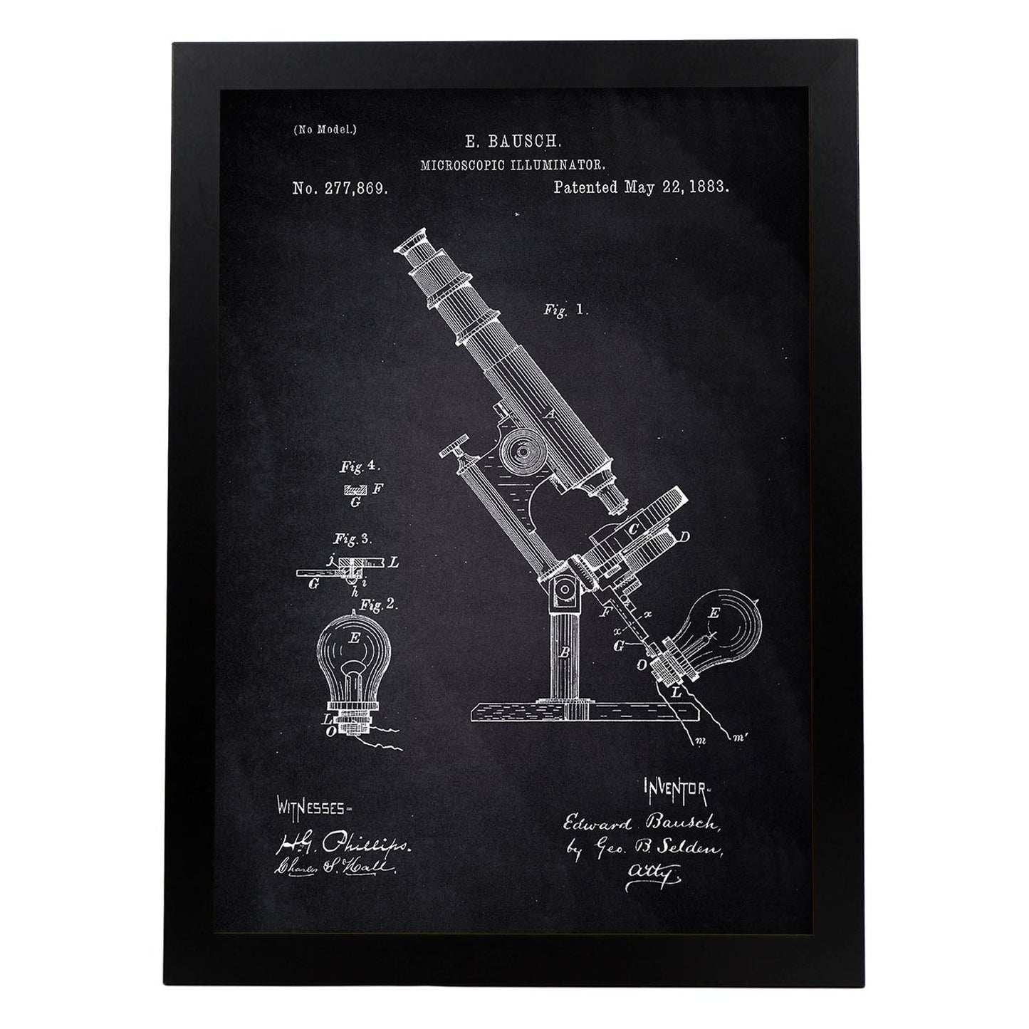 Poster con patente de Microscopio con luz. Lámina con diseño de patente antigua-Artwork-Nacnic-A4-Marco Negro-Nacnic Estudio SL