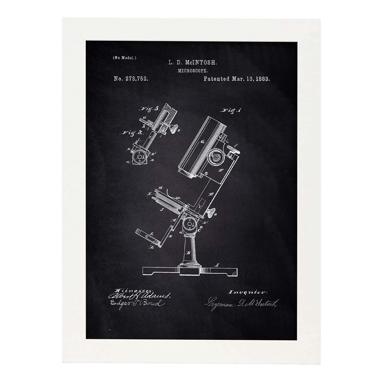 Poster con patente de Microscopio. Lámina con diseño de patente antigua-Artwork-Nacnic-A4-Marco Blanco-Nacnic Estudio SL
