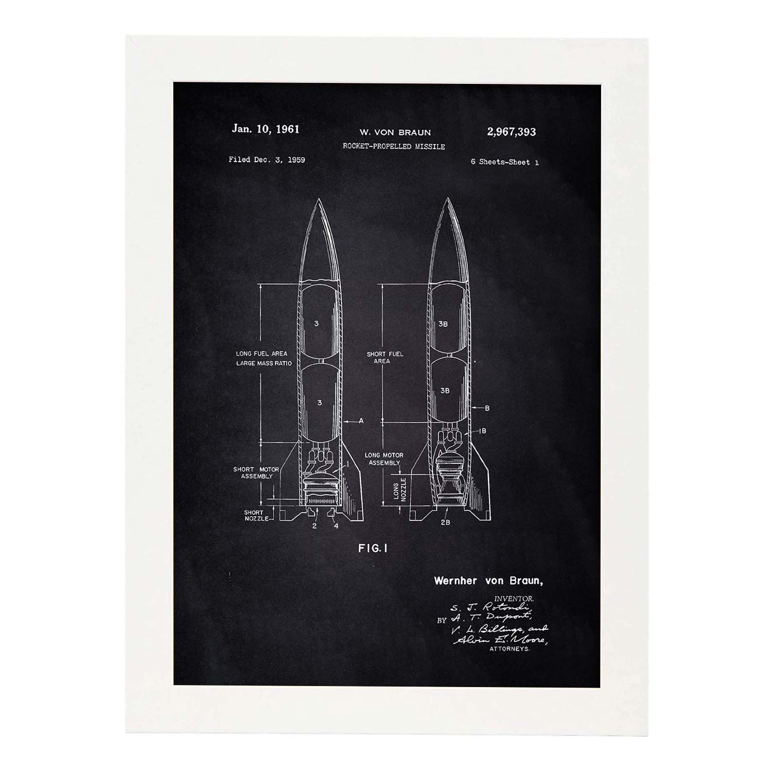 Poster con patente de Misil. Lámina con diseño de patente antigua-Artwork-Nacnic-A3-Marco Blanco-Nacnic Estudio SL