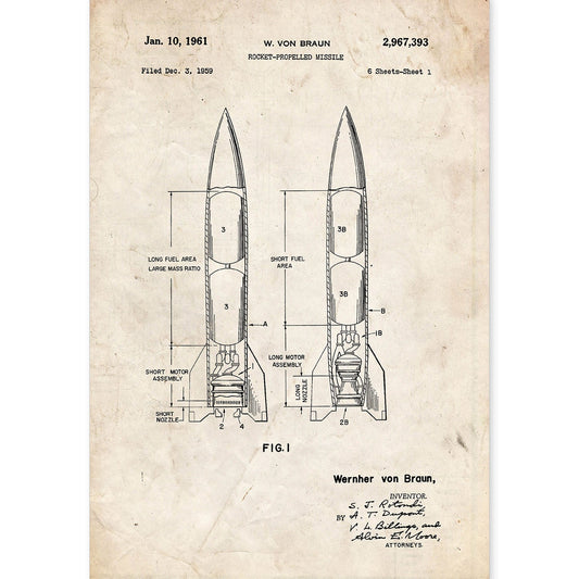 Poster con patente de Misil. Lámina con diseño de patente antigua.-Artwork-Nacnic-A4-Sin marco-Nacnic Estudio SL