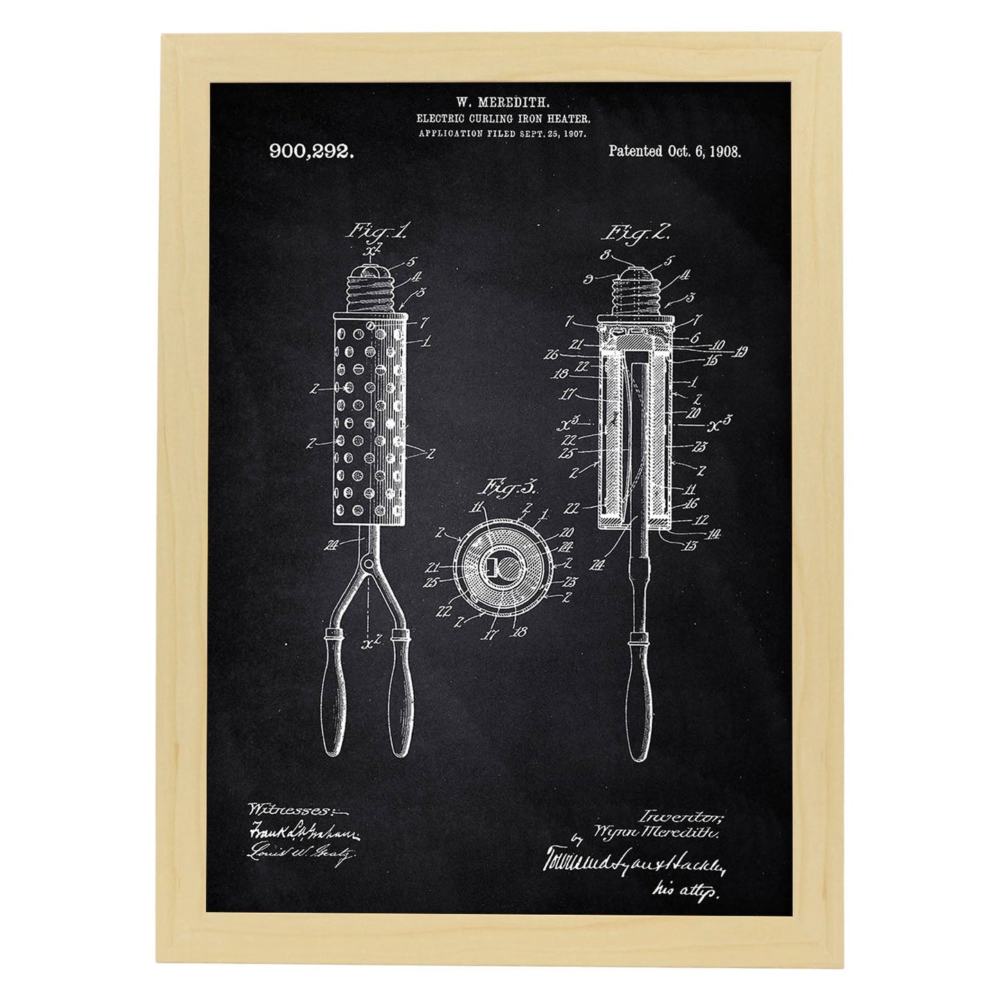 Poster con patente de Moldeador de pelo. Lámina con diseño de patente antigua-Artwork-Nacnic-A3-Marco Madera clara-Nacnic Estudio SL