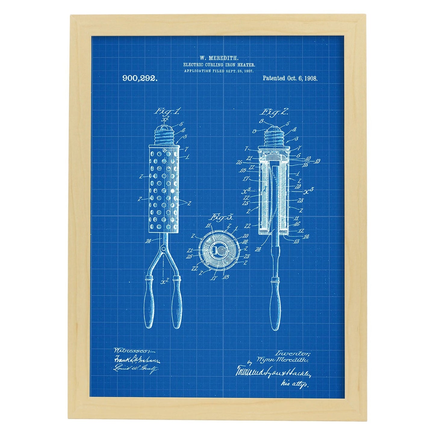 Poster con patente de Moldeador de pelo. Lámina con diseño de patente antigua-Artwork-Nacnic-A3-Marco Madera clara-Nacnic Estudio SL