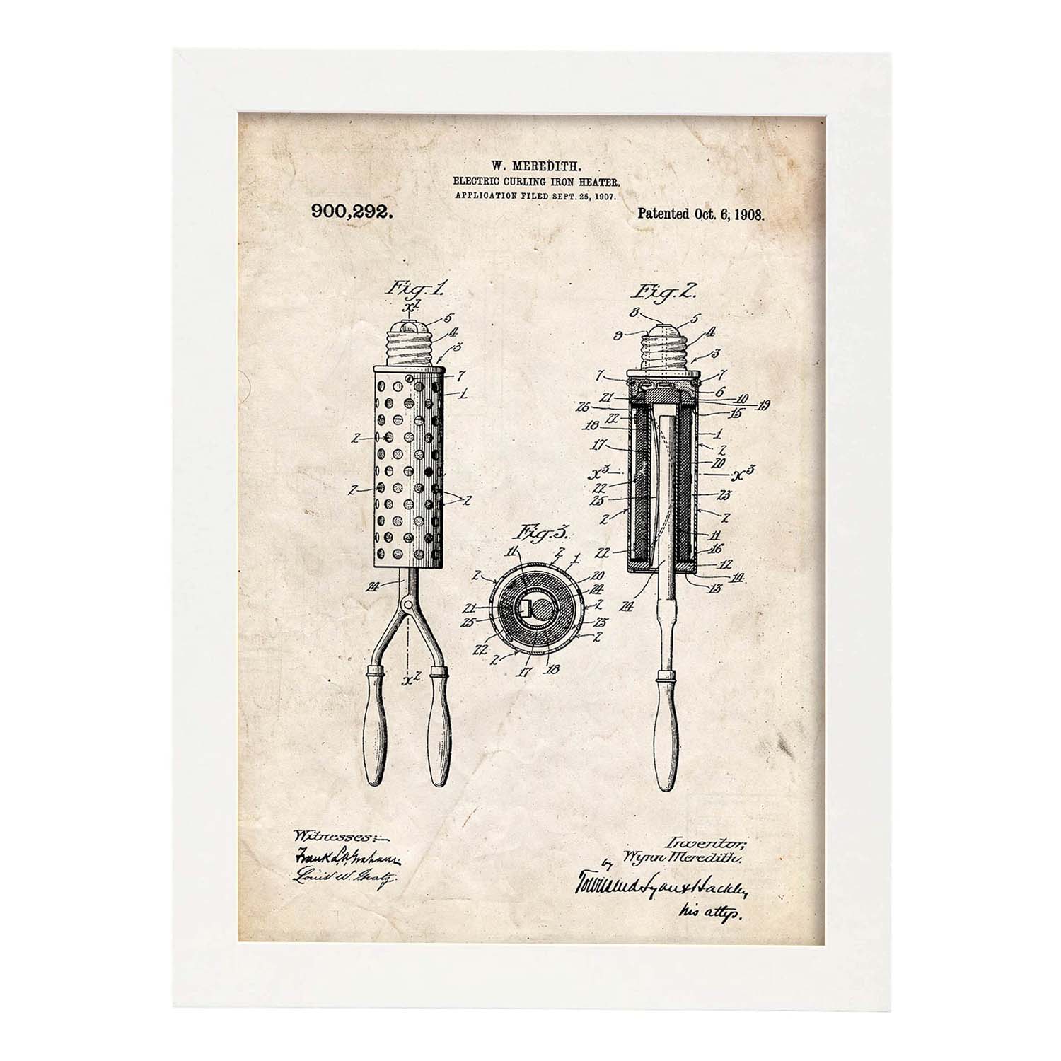Poster con patente de Moldeador de pelo. Lámina con diseño de patente antigua.-Artwork-Nacnic-A3-Marco Blanco-Nacnic Estudio SL