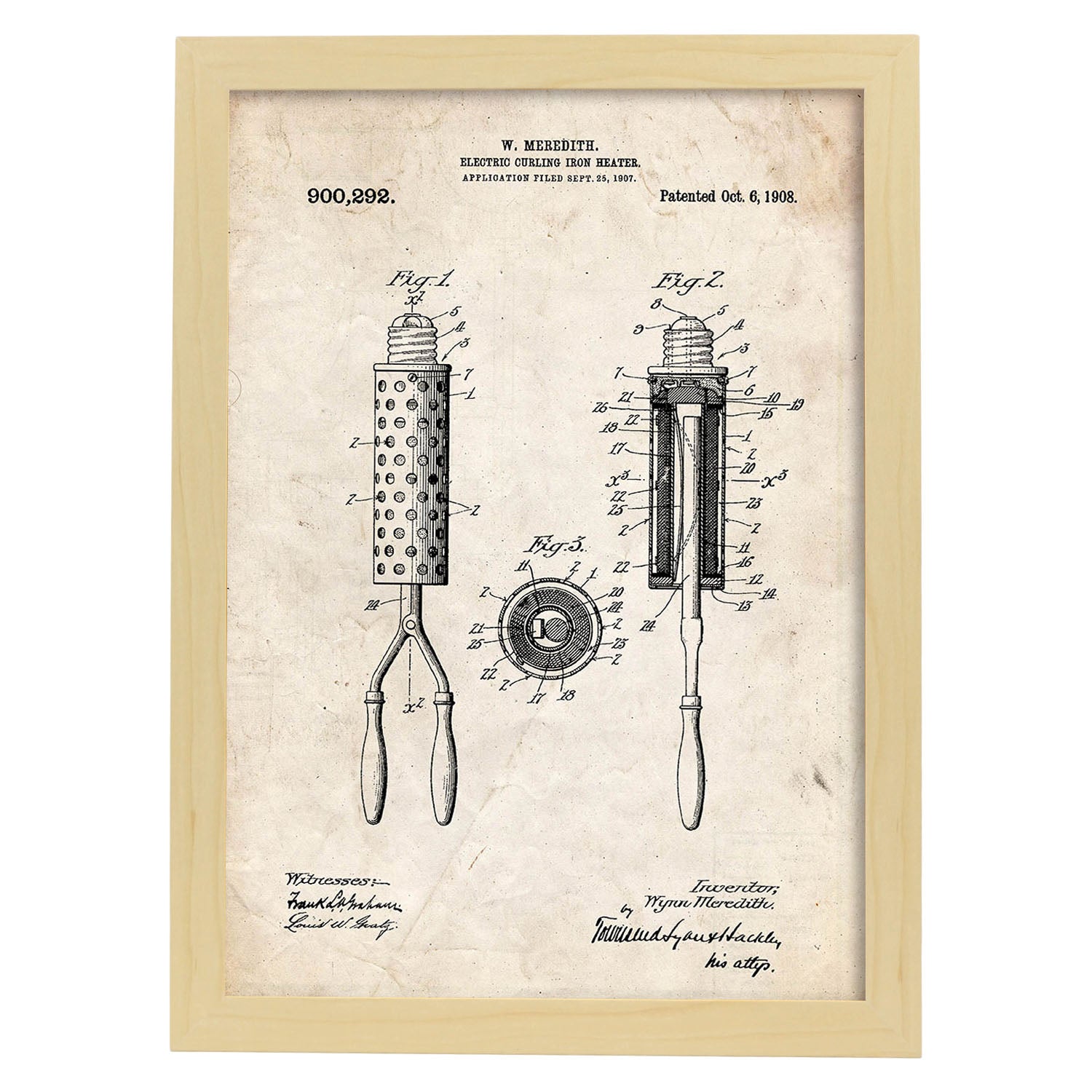 Poster con patente de Moldeador de pelo. Lámina con diseño de patente antigua.-Artwork-Nacnic-A3-Marco Madera clara-Nacnic Estudio SL