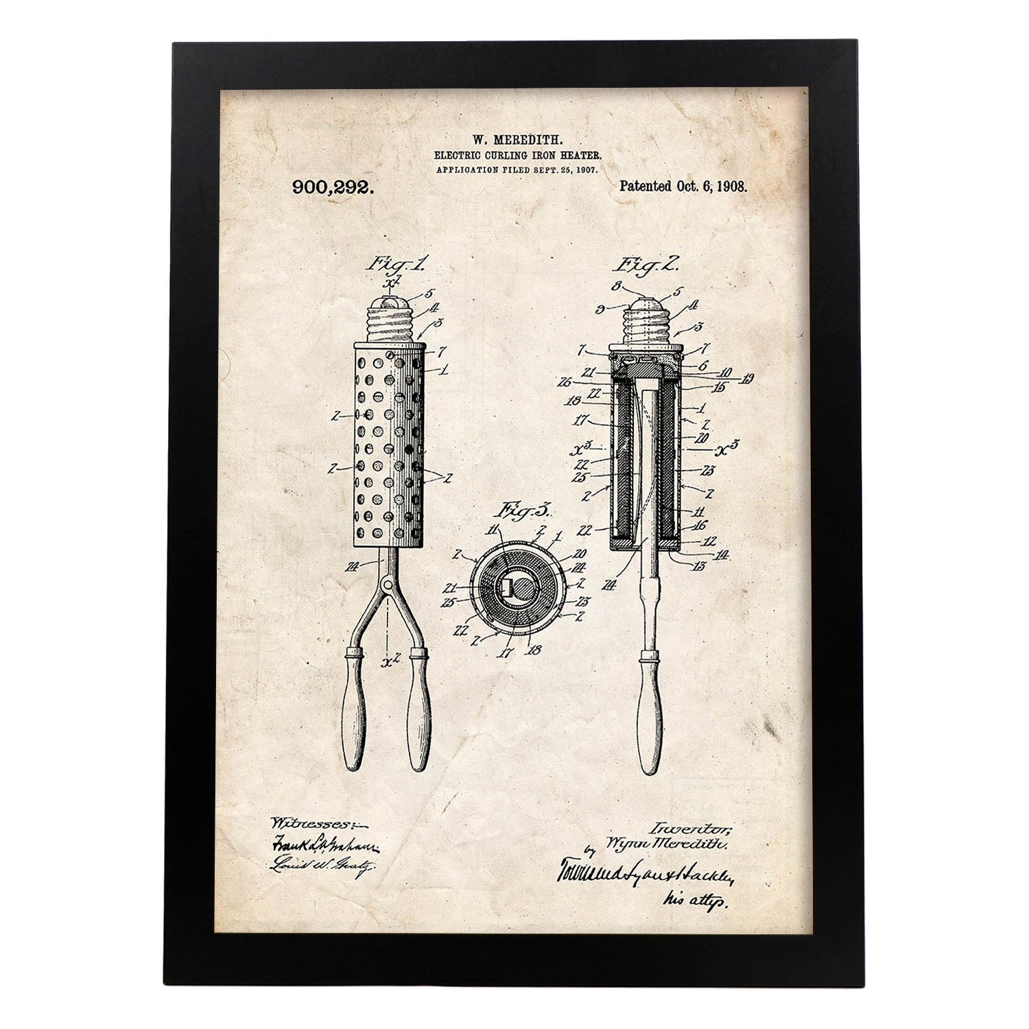 Poster con patente de Moldeador de pelo. Lámina con diseño de patente antigua.-Artwork-Nacnic-A3-Marco Negro-Nacnic Estudio SL