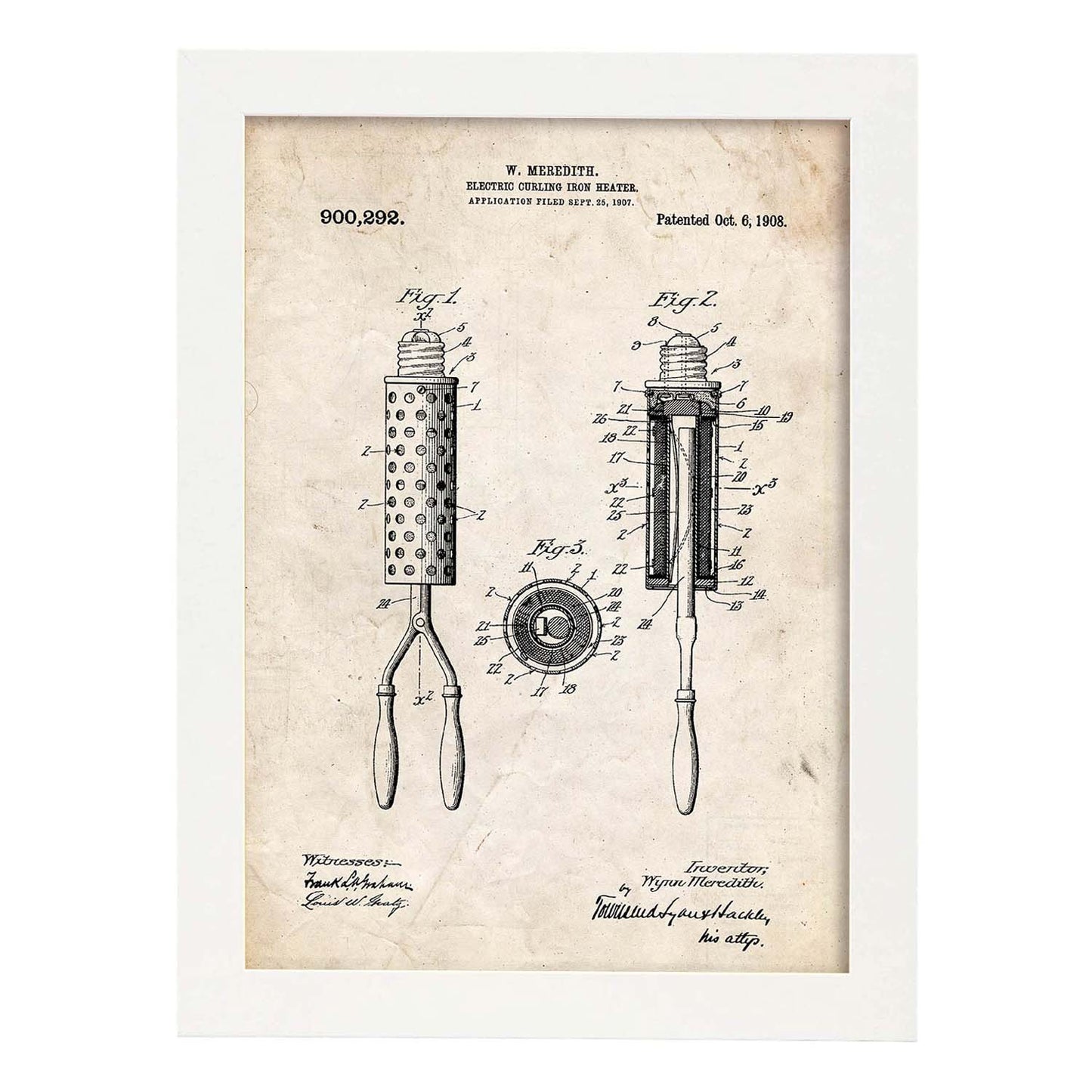 Poster con patente de Moldeador de pelo. Lámina con diseño de patente antigua.-Artwork-Nacnic-A4-Marco Blanco-Nacnic Estudio SL