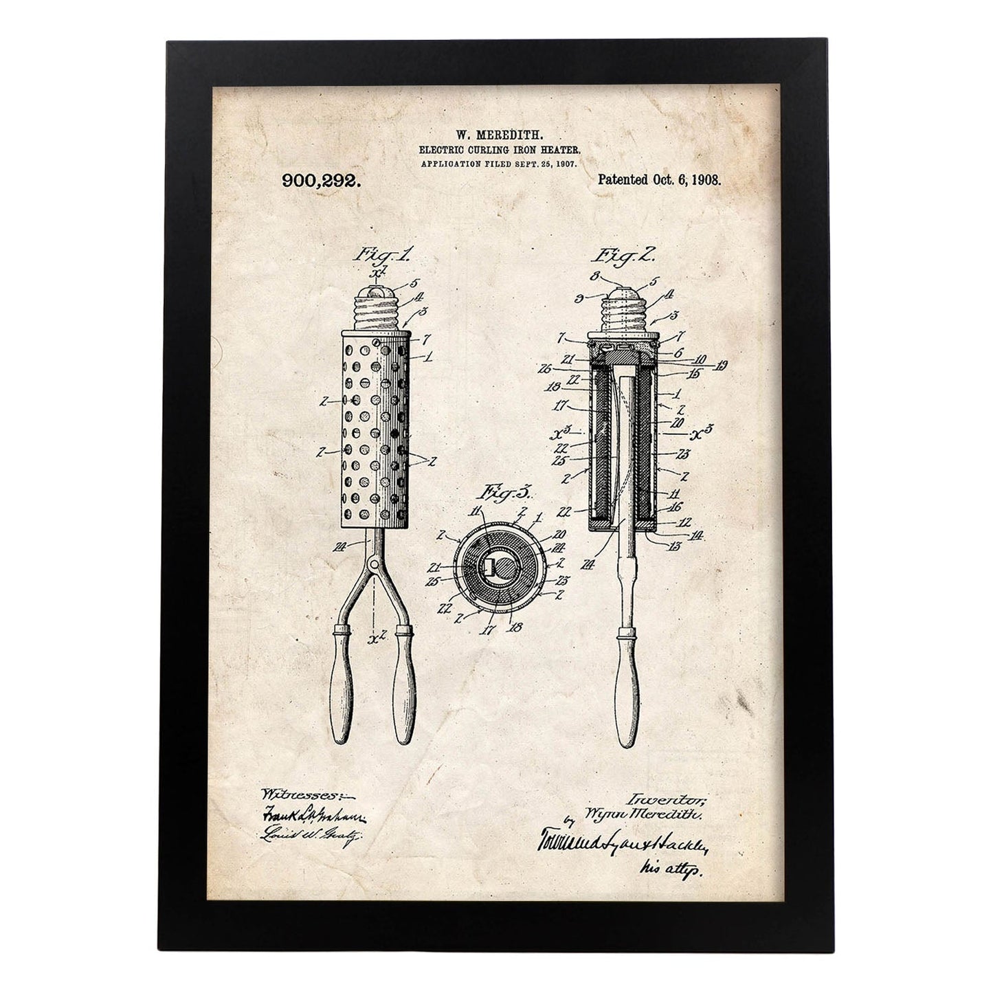 Poster con patente de Moldeador de pelo. Lámina con diseño de patente antigua.-Artwork-Nacnic-A4-Marco Negro-Nacnic Estudio SL