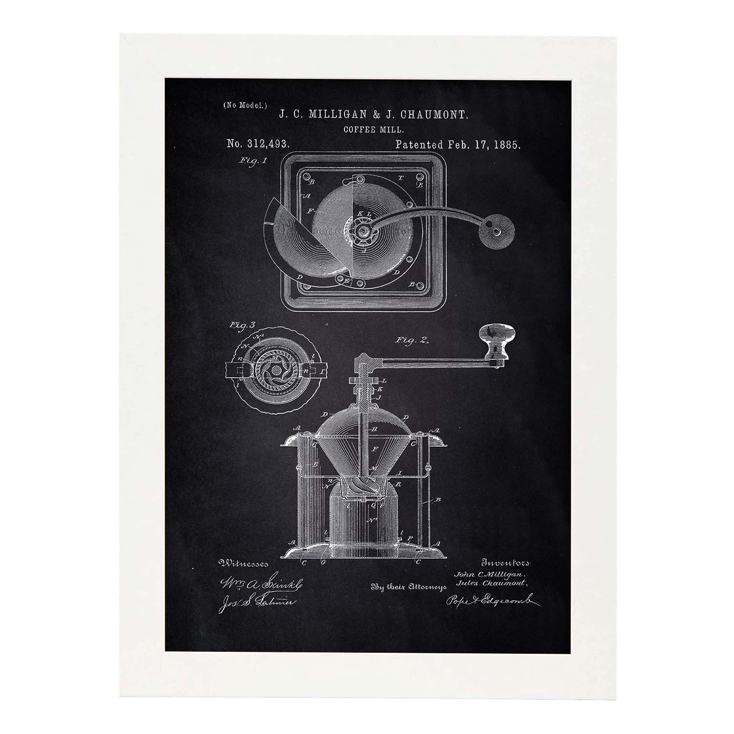 Poster con patente de Molinillo de café. Lámina con diseño de patente antigua-Artwork-Nacnic-A3-Marco Blanco-Nacnic Estudio SL