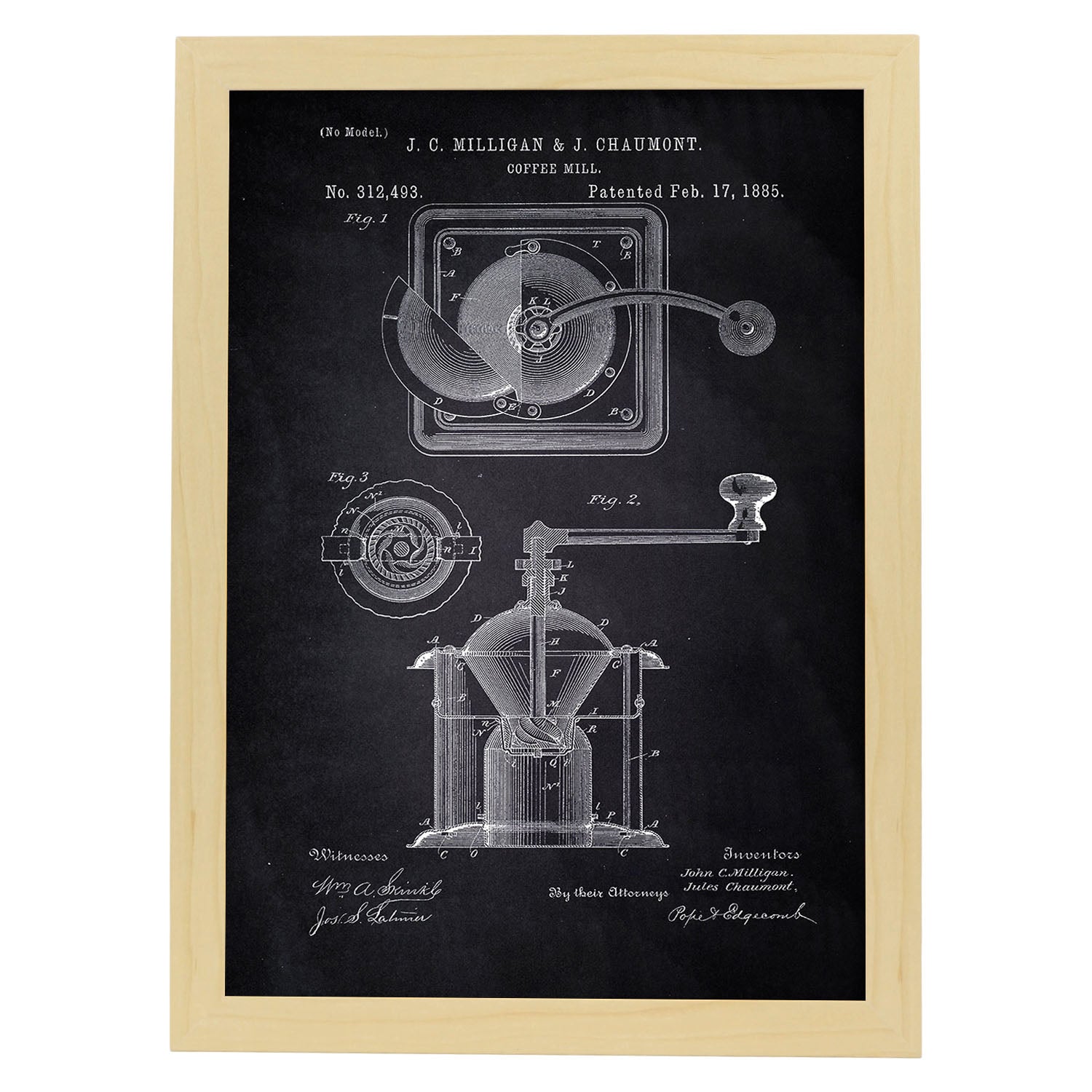 Poster con patente de Molinillo de café. Lámina con diseño de patente antigua-Artwork-Nacnic-A3-Marco Madera clara-Nacnic Estudio SL