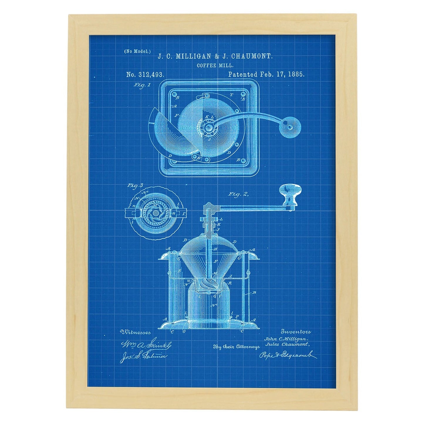 Poster con patente de Molinillo de café. Lámina con diseño de patente antigua-Artwork-Nacnic-A3-Marco Madera clara-Nacnic Estudio SL