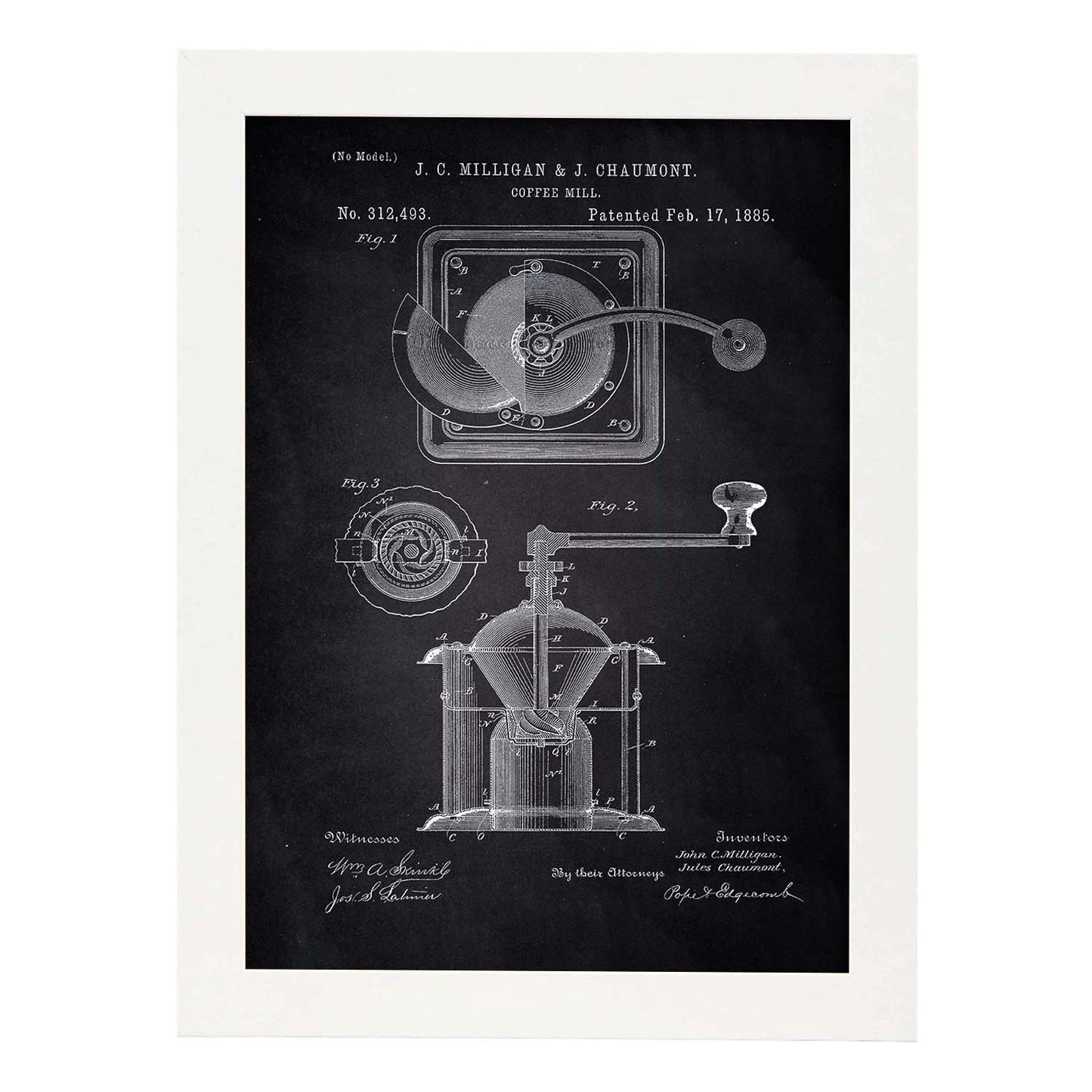 Poster con patente de Molinillo de café. Lámina con diseño de patente antigua-Artwork-Nacnic-A4-Marco Blanco-Nacnic Estudio SL