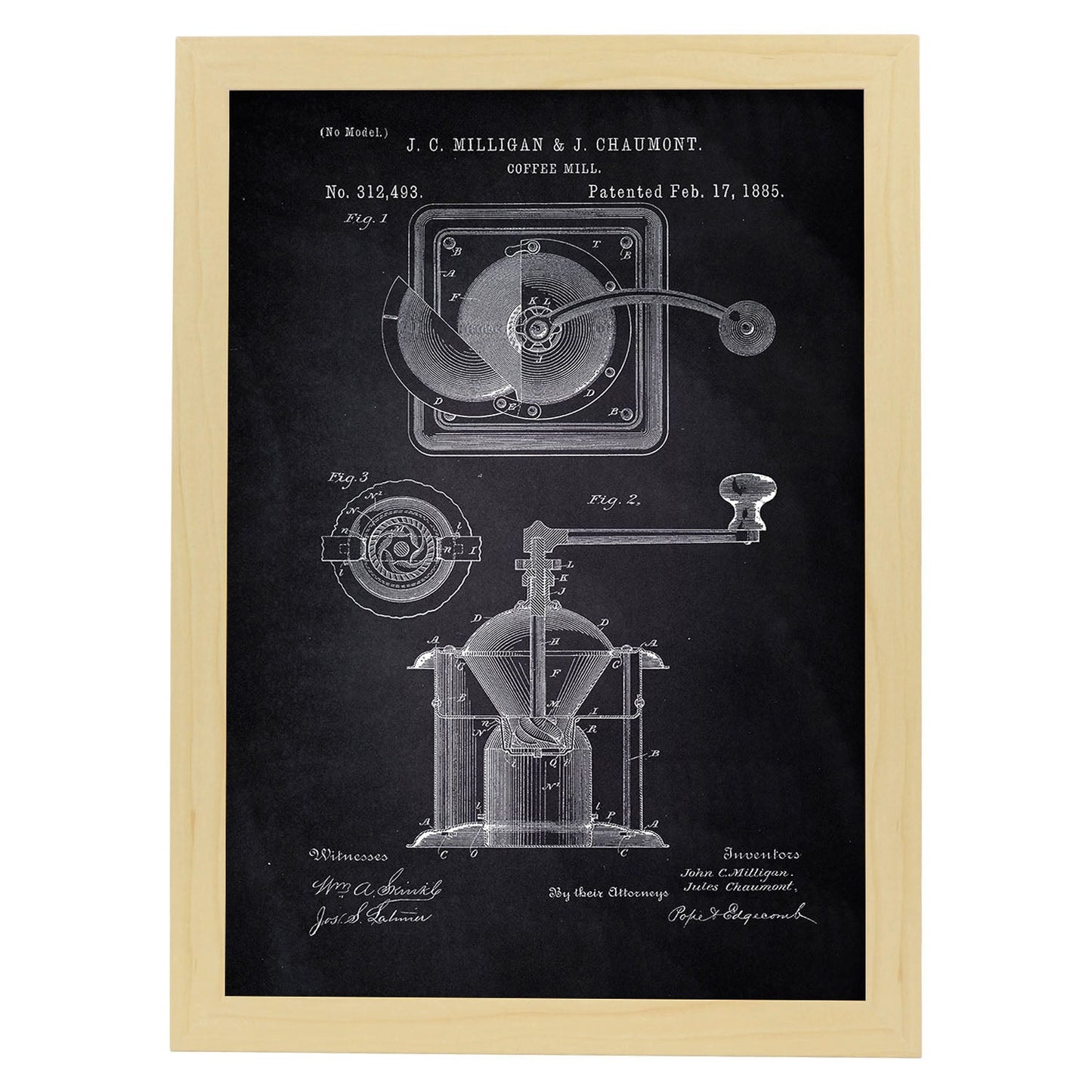 Poster con patente de Molinillo de café. Lámina con diseño de patente antigua-Artwork-Nacnic-A4-Marco Madera clara-Nacnic Estudio SL