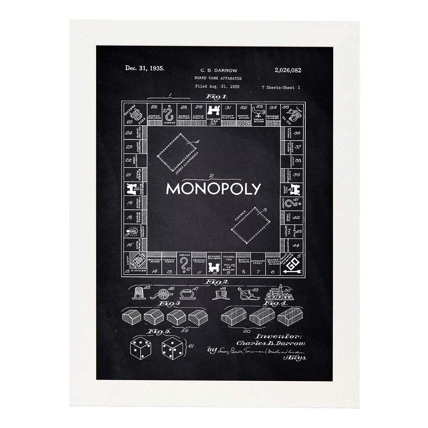 Poster con patente de Monopoly. Lámina con diseño de patente antigua-Artwork-Nacnic-A3-Marco Blanco-Nacnic Estudio SL
