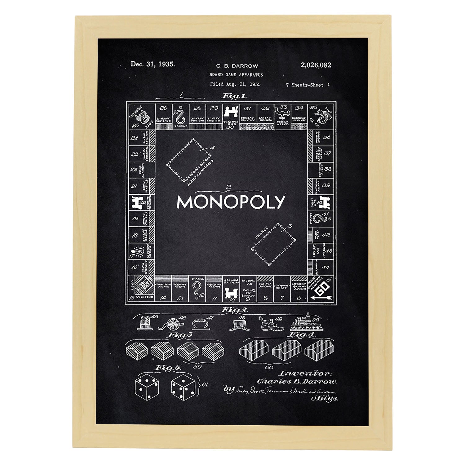 Poster con patente de Monopoly. Lámina con diseño de patente antigua-Artwork-Nacnic-A3-Marco Madera clara-Nacnic Estudio SL