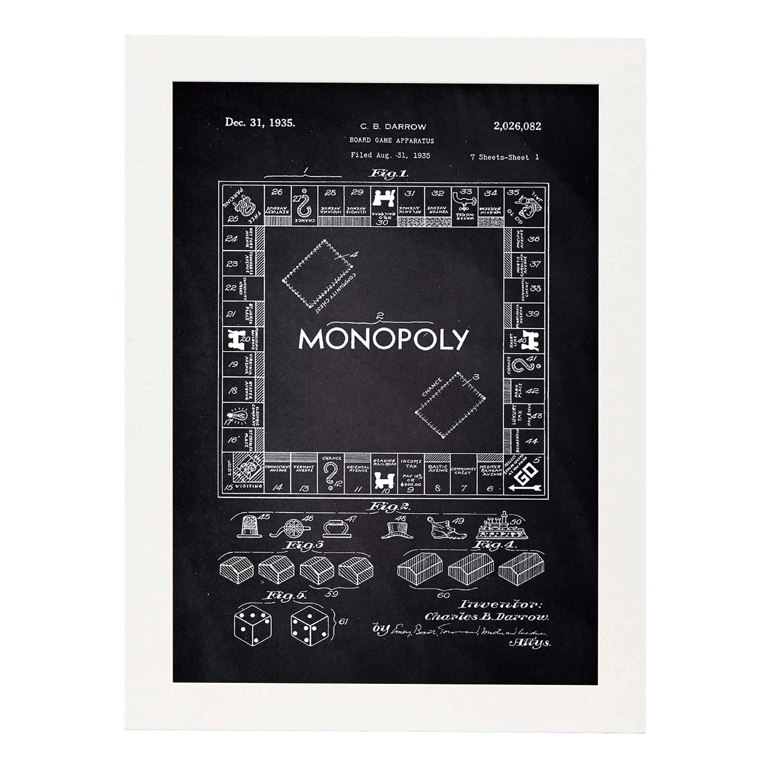 Poster con patente de Monopoly. Lámina con diseño de patente antigua-Artwork-Nacnic-A4-Marco Blanco-Nacnic Estudio SL