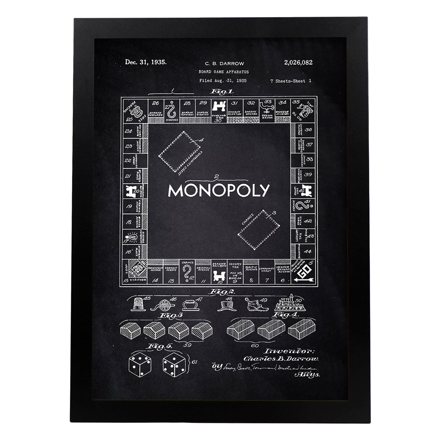 Poster con patente de Monopoly. Lámina con diseño de patente antigua-Artwork-Nacnic-A4-Marco Negro-Nacnic Estudio SL
